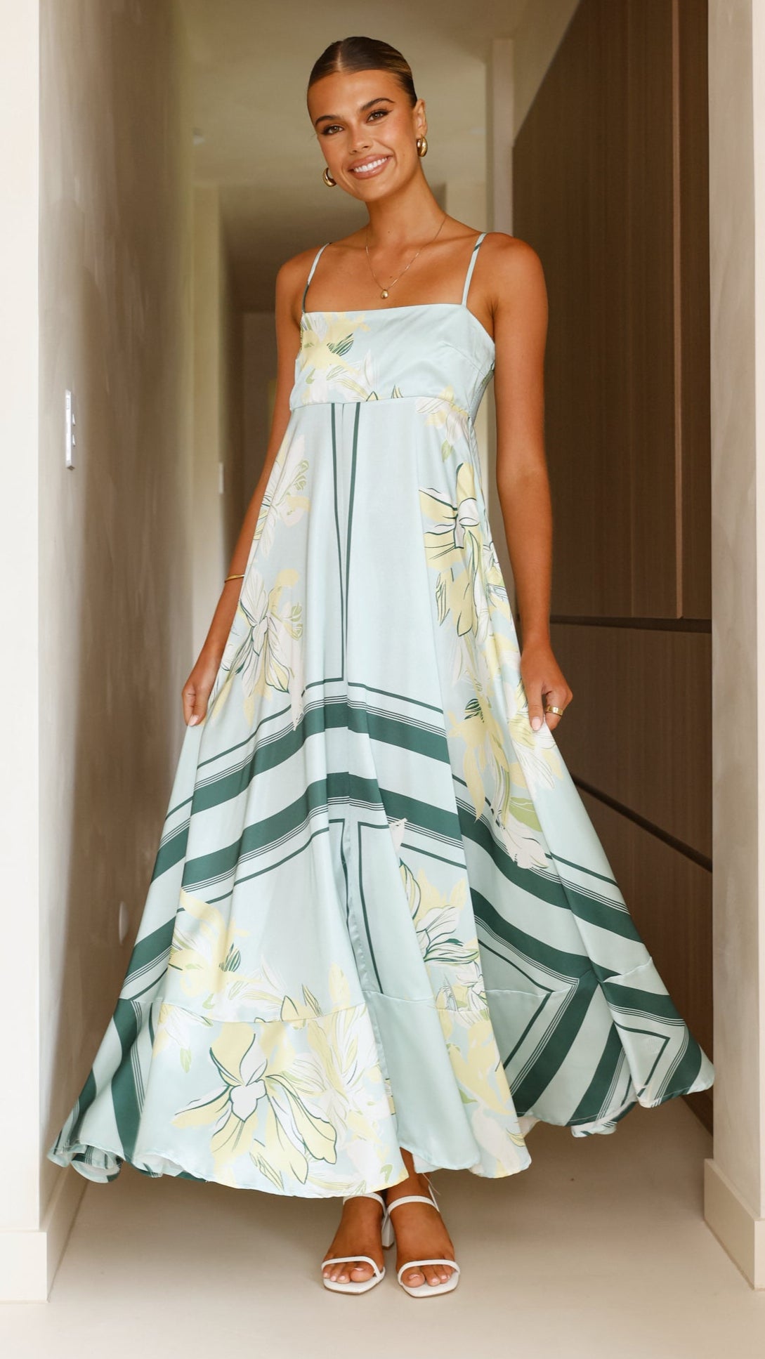 Kaethe Maxi Dress - Flowy Summer Beach Dress with Aqua & Yellow Floral Print | Perfect for Vacations, Weddings & Boho Outfits