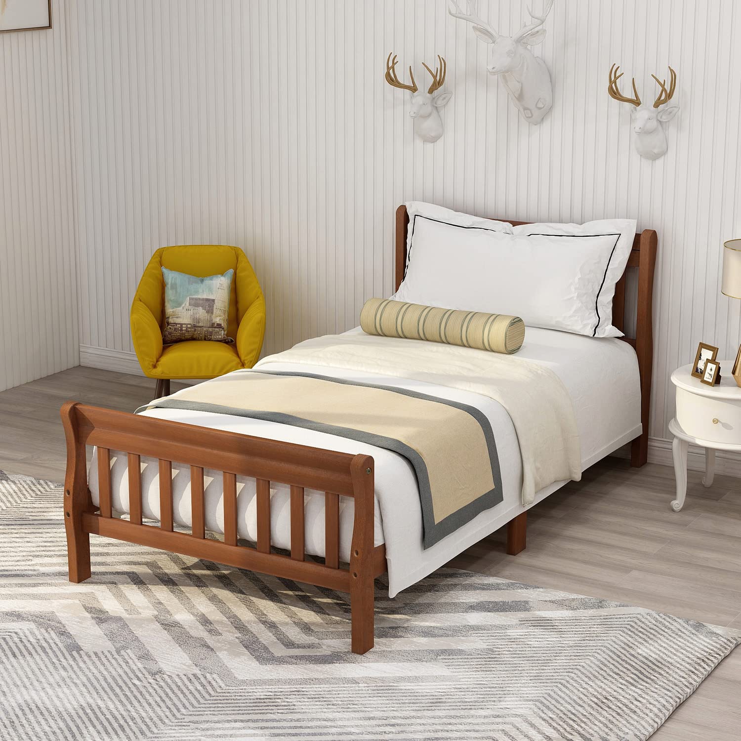 Merax Solid Wood Twin Size Platform Bed Frame with Headboard & Footboard - Sleigh Design, No Box Spring Needed, Sturdy Slat Support - Perfect for Kids' Rooms, Guest Bedrooms & Small Spaces (Walnut Finish)