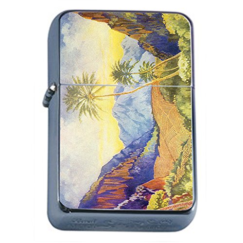 Vintage Hawaiian Art Silver Flip Top Oil Lighter - Windproof Refillable Butane Lighter for Cigarettes, Candles & Outdoor Use