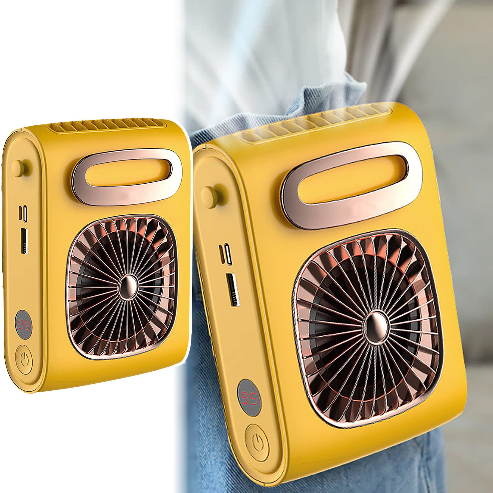 Portable USB Rechargeable Waist Fan - Hanging Neck Mini Air Conditioner for Outdoor Sports & Activities - 12-30 Hours Battery Life (Yellow) | Perfect for Hiking, Camping, Gym Workouts & Summer Travel