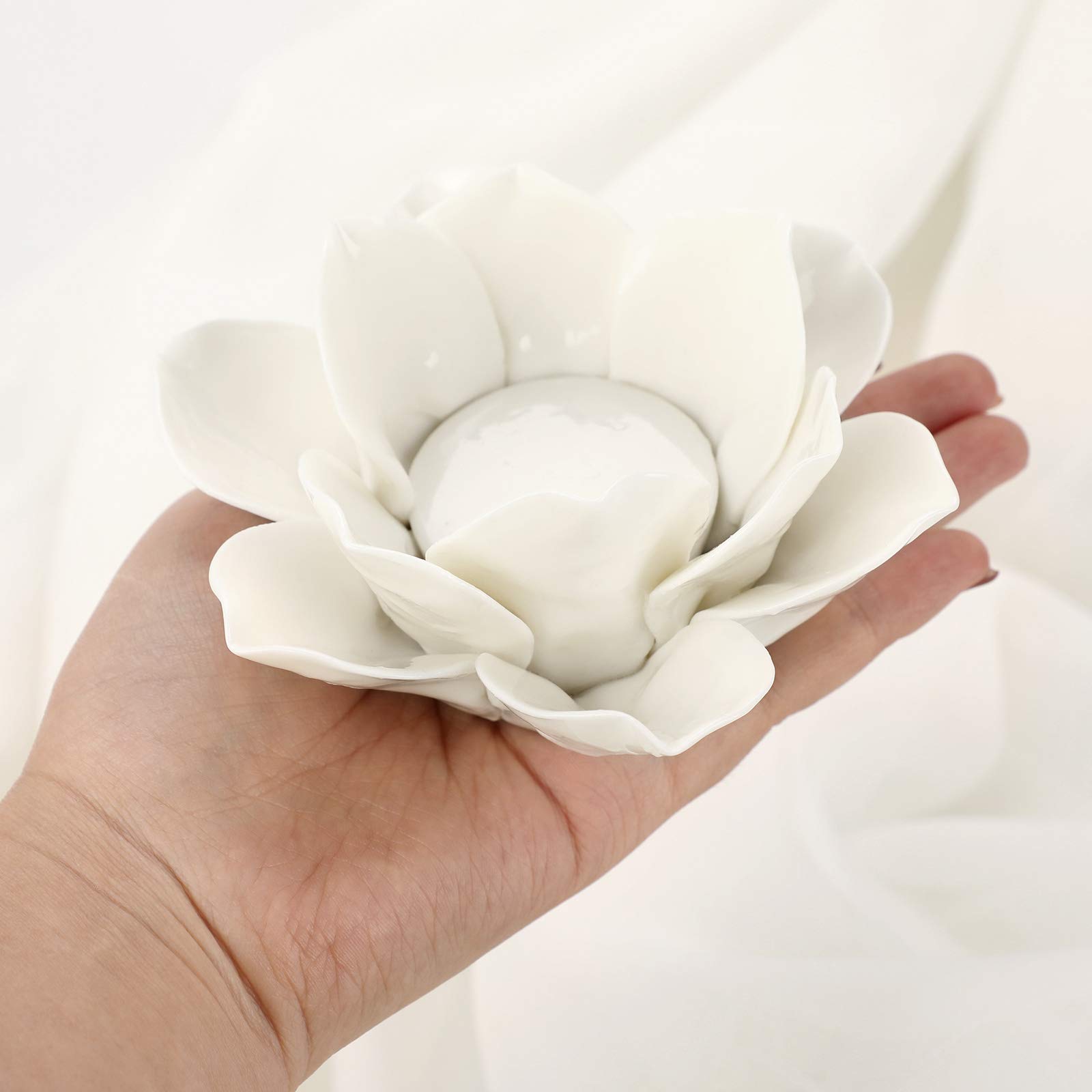 4.5 Inch White Ceramic Lotus Flower Tealight Holder - Elegant Votive Candle Holder for Home Decor, Wedding Centerpieces & Party Decorations - Perfect Gift with Decorative Box (Lotus Petals Design)
