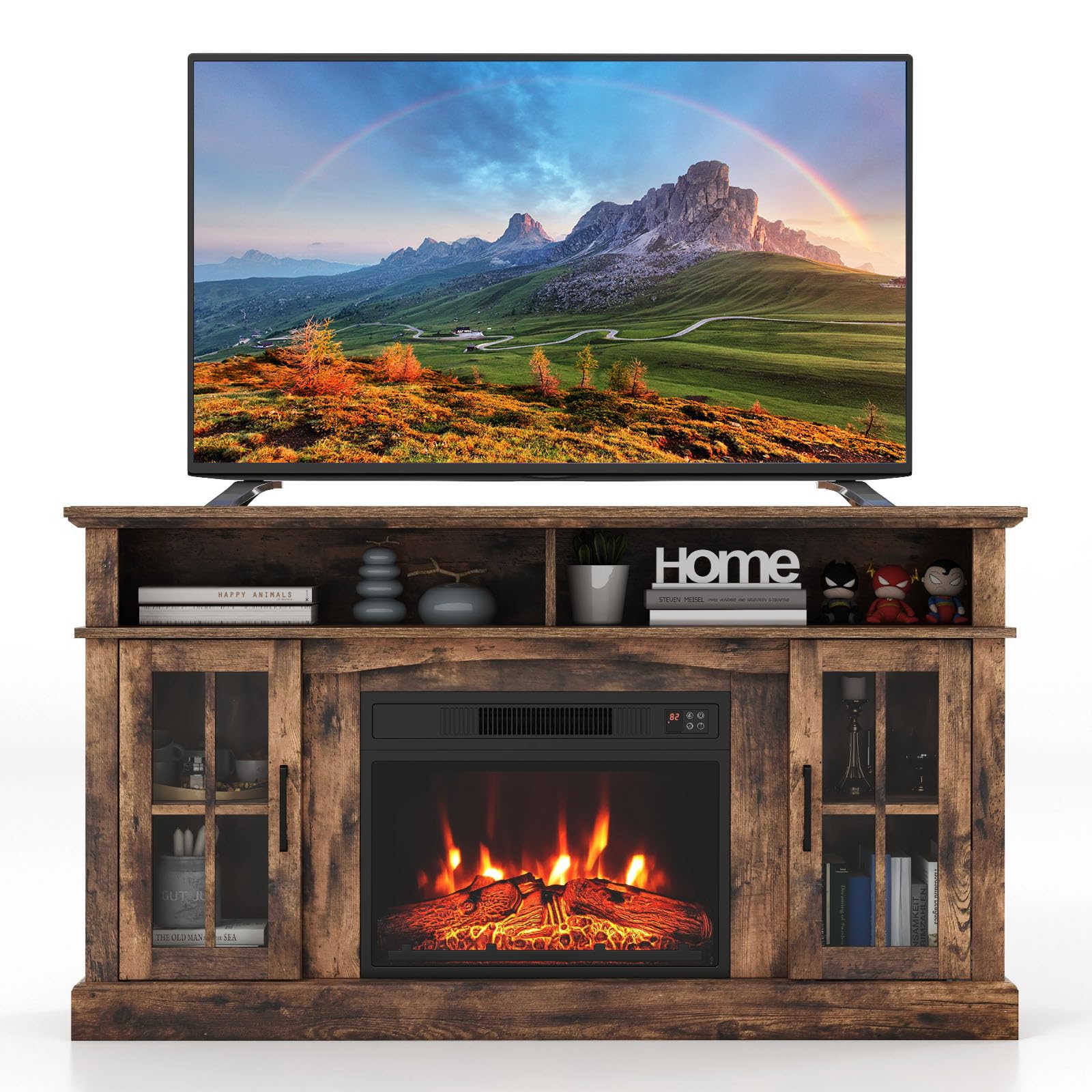 COSTWAY 65 Inch Electric Fireplace TV Stand with 1400W Heater, Remote Control & Adjustable Shelves - 6H Timer, 3 Flame Levels, Overheat Protection, CSA Certified (Brown) - Perfect for Living Room, Bedroom & Home Office