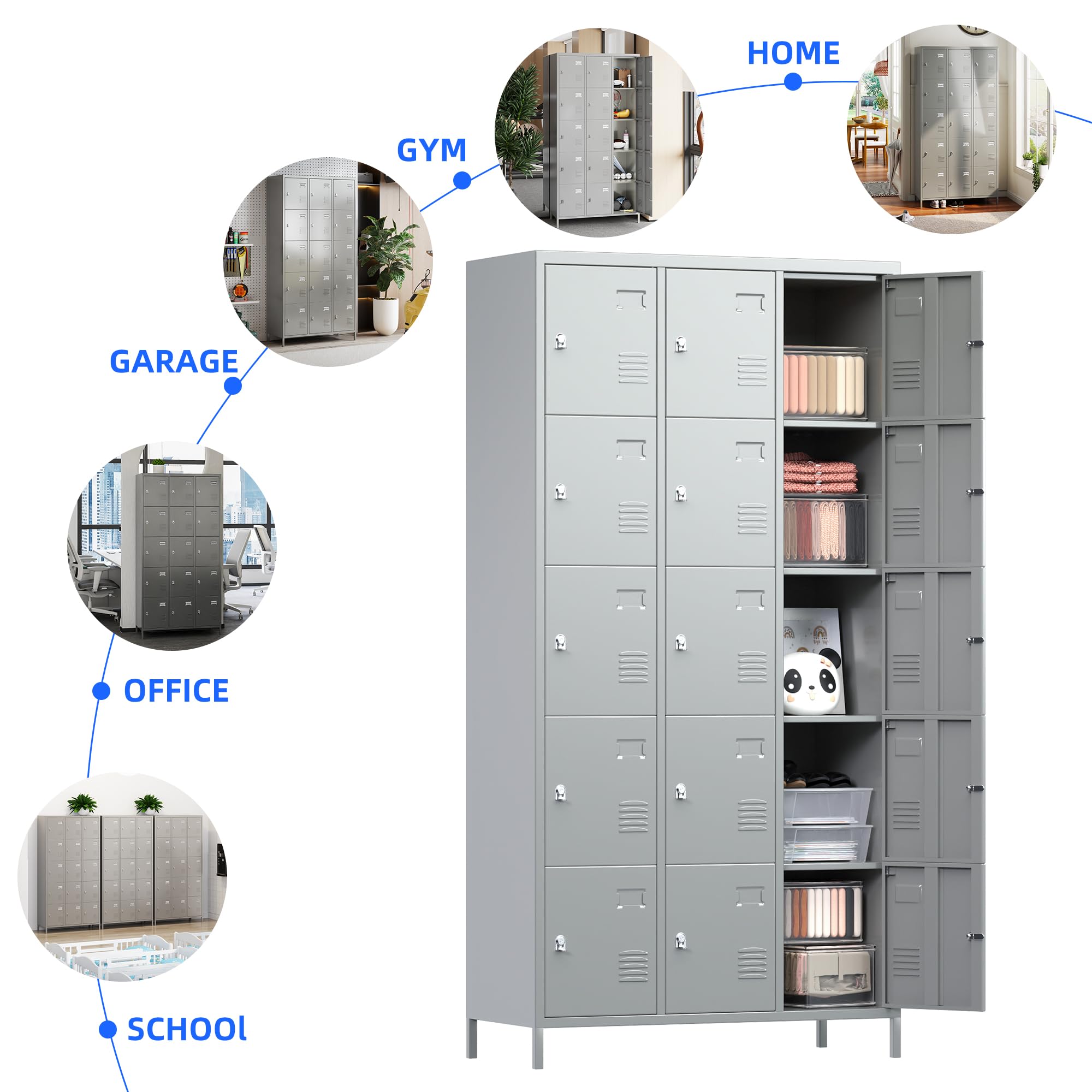 METAN 15-Door Steel Storage Locker Cabinet - Heavy Duty Metal Locker for School, Office, Gym & Bedroom - Industrial Employee Storage Locker with Assembly Required (Light Grey) - Perfect for Secure Storage in Workplaces, Schools, Fitness Centers and Homes