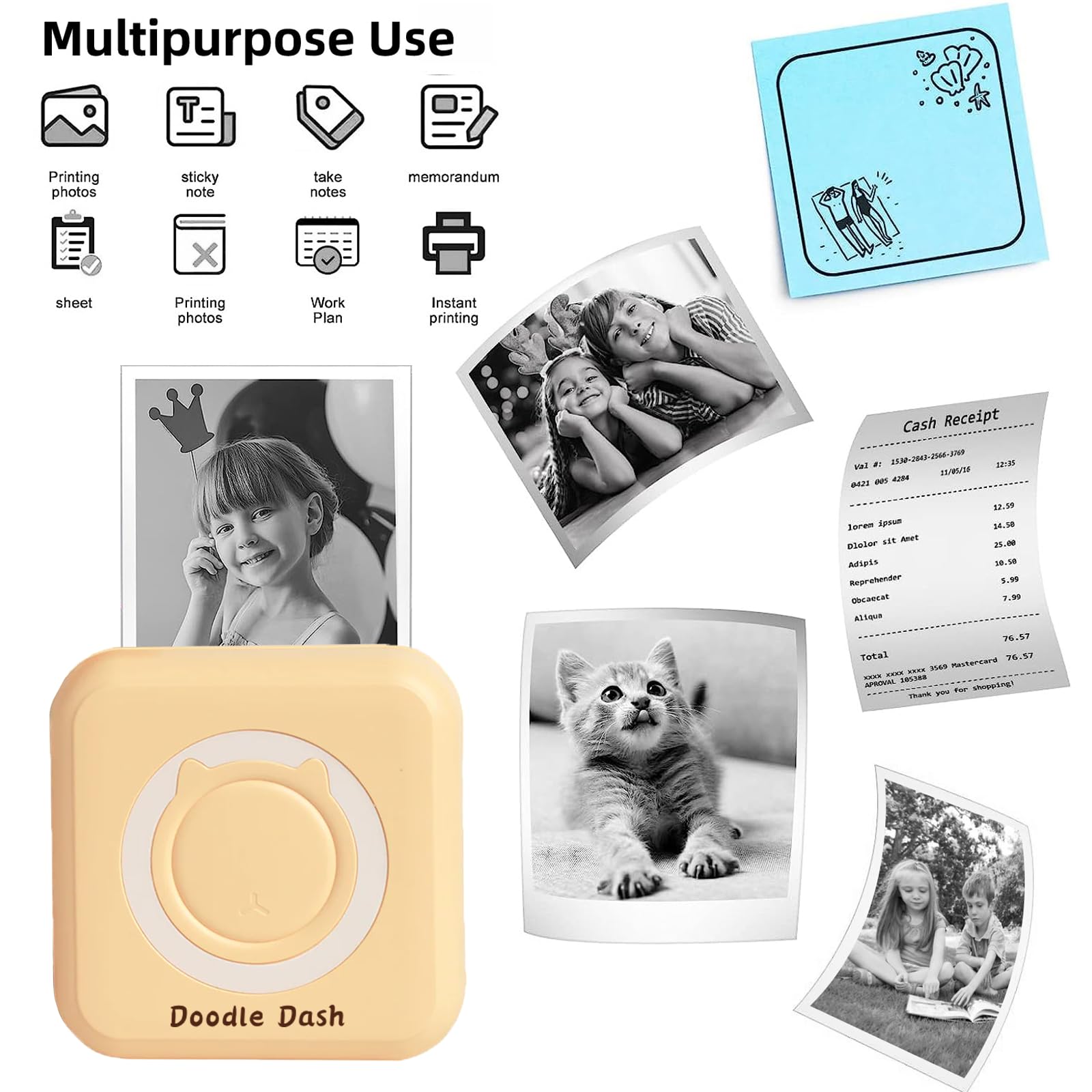 THCBME Doodle Dash G1 Mini Sticker Printer - Wireless Inkless Bluetooth Thermal Printer for Kids, 5 Rolls Printing Paper Included - Perfect for DIY Stickers, School Projects & Photo Printing (Yellow)