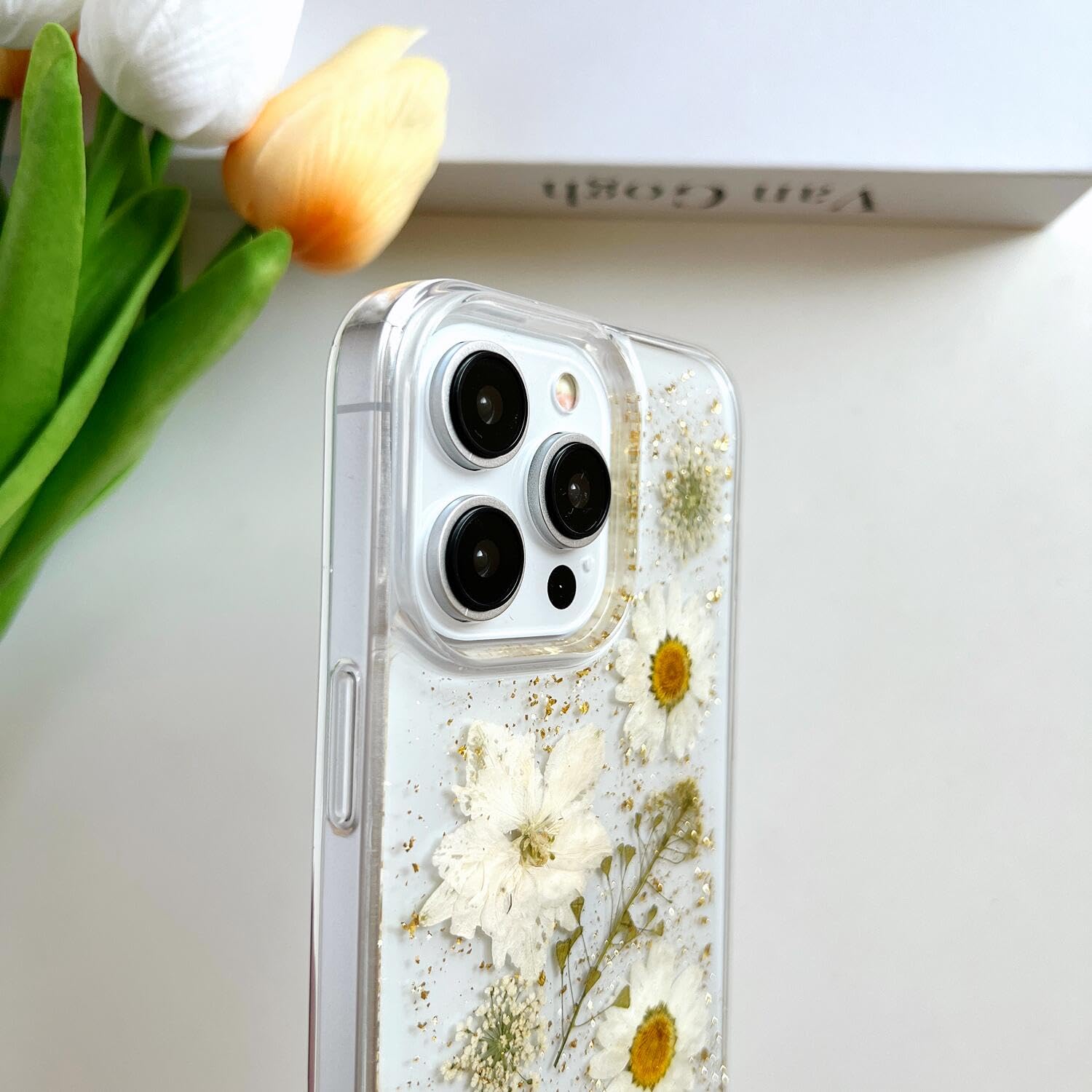Premium Clear iPhone 15 Pro Max Case with Pressed Real Flowers & Glitter - Slim Soft TPU Protective Cover with Elegant White Floral Design for Women | Perfect for Everyday Use, Gift Giving & Fashion Accessories