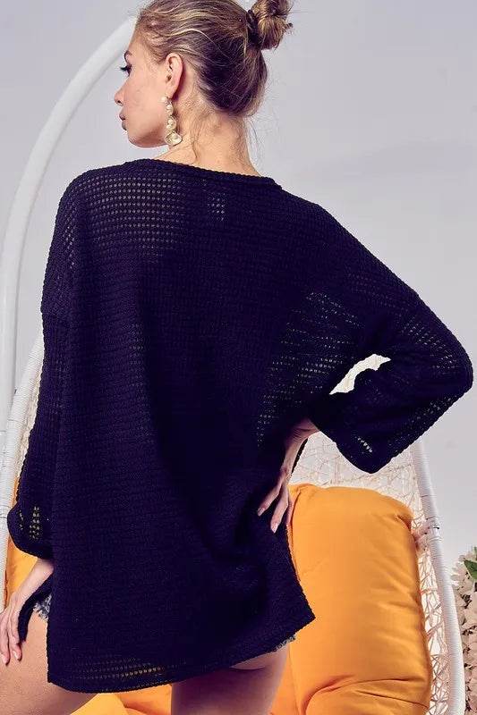 BiBi Popcorn Waffle Top with Buttoned Placket - Stylish Women's Casual Shirt for Work, Date Night & Everyday Wear
