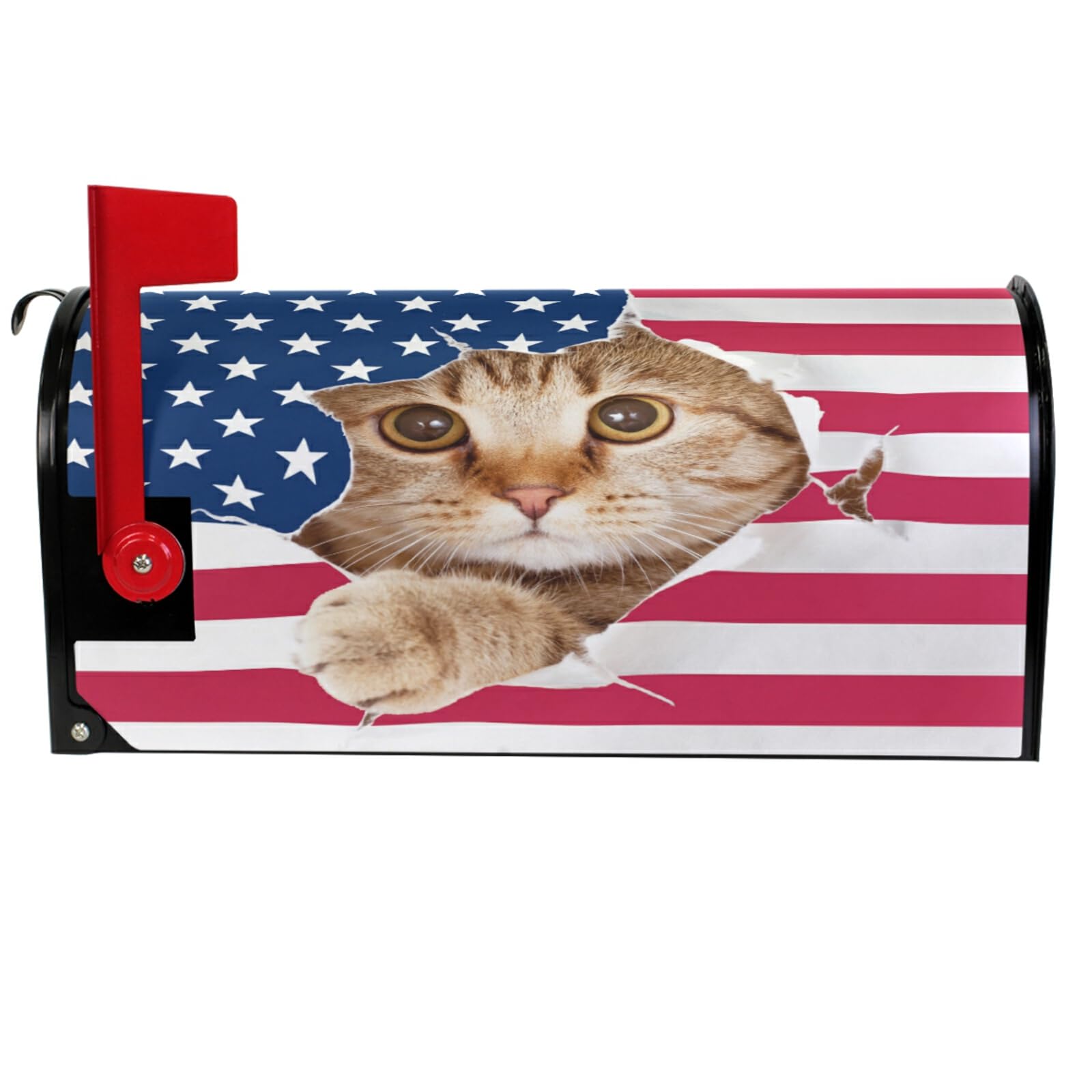 Wamika Magnetic Cat Mailbox Cover with USA Flag Design - Large 18x21 Inch Weatherproof Decorative Mailbox Wrap for Front Porch & Home Decor