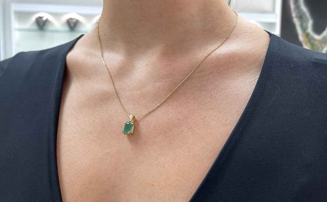 2.22ct 14K Gold Emerald Cut Solitaire Pendant - Natural Vertical Emerald Gemstone with Double Prong Setting - Perfect for Anniversary Gifts & Elegant Necklace Jewelry