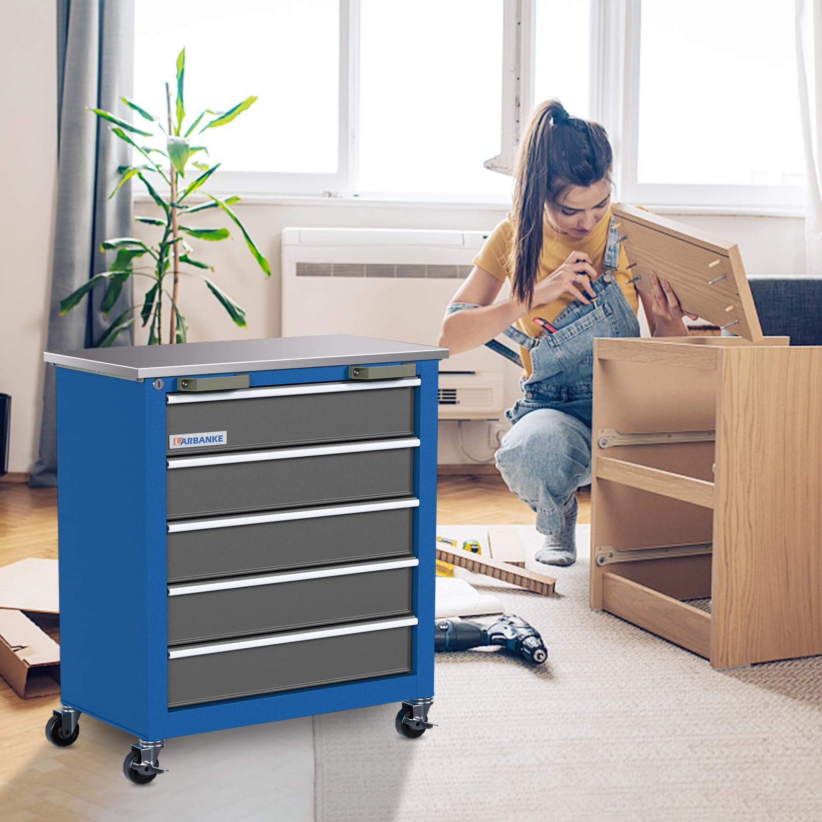 5-Drawer Rolling Tool Chest with Keyed Lock & Drawer Liners - Heavy Duty Mobile Tool Cabinet with Link Buckle, Expandable for Large Cabinet Set - Perfect for Garage, Workshop & Warehouse Organization