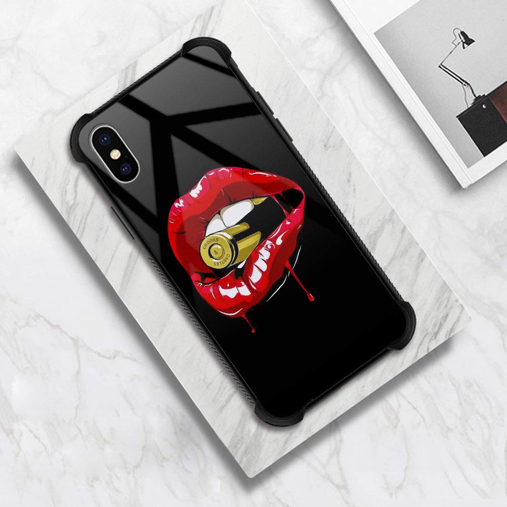 Shockproof iPhone Xs Max Case with Tempered Glass Back & Soft Silicone TPU - Red Lip Bite Bullet Design | Slim Protective Cover for iPhone Xs Max (2018) | Perfect for Daily Use, Travel & Outdoor Activities