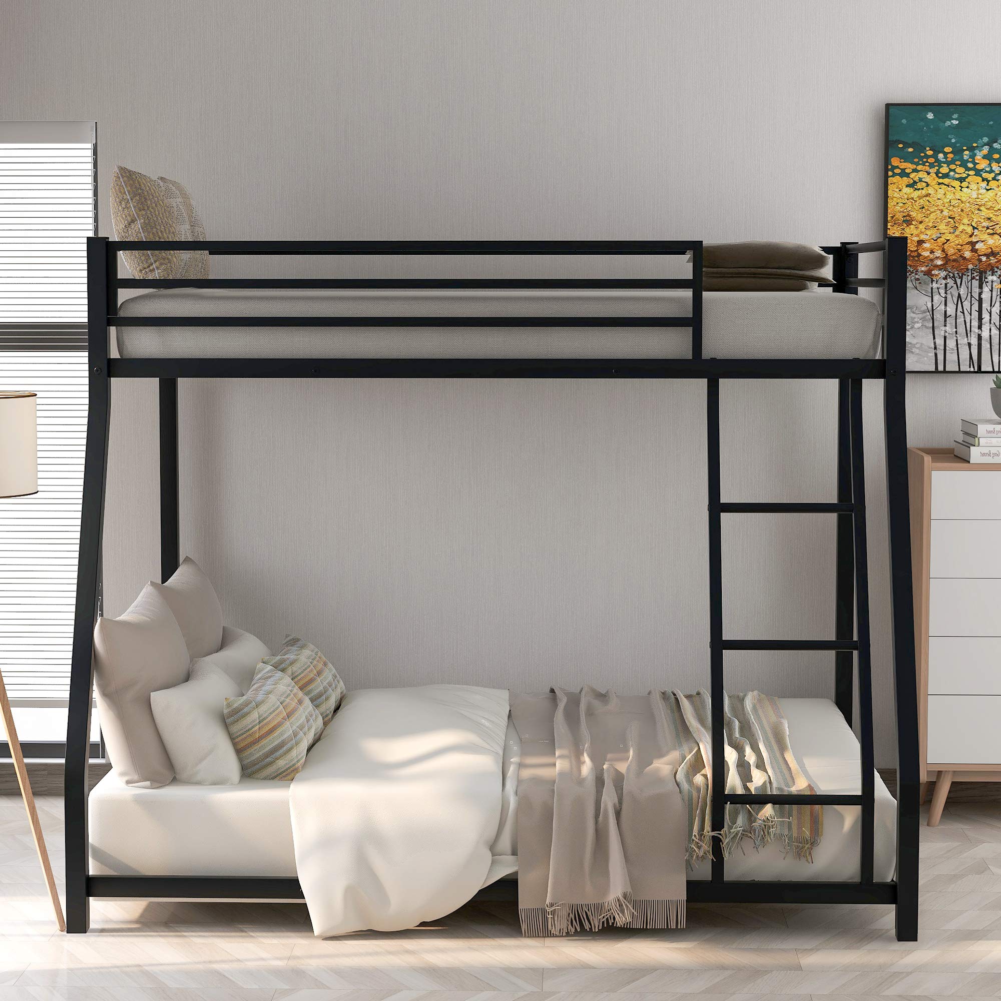 Metal Bunk Bed Twin Over Full with Ladder & Guardrails - Space-Saving for Kids & Small Rooms