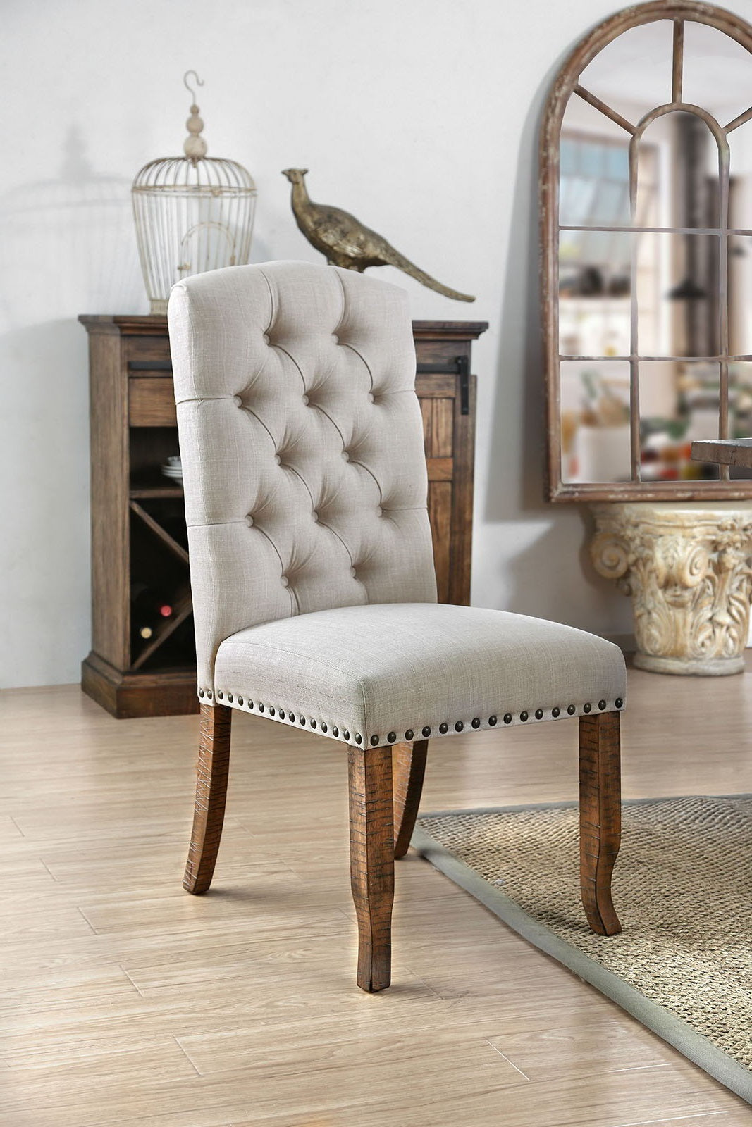 Contemporary Ivory Fabric 2-Piece Side Chairs Set - Bold Sturdy Design with Rustic Oak Solid Wood Frame, Tufted Back & Nailhead Accents - Perfect for Dining Room, Kitchen, or Home Office Furniture