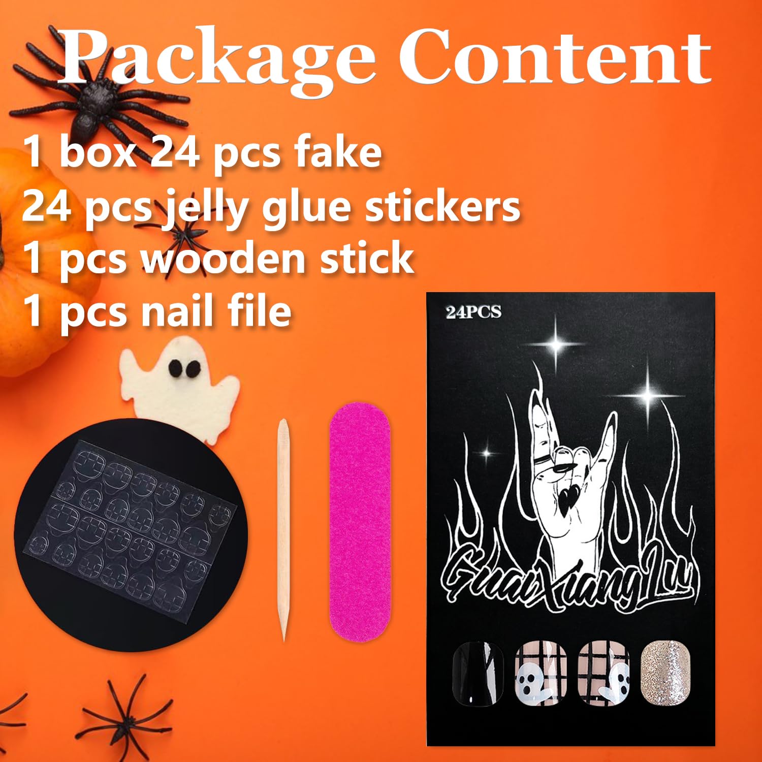 24Pcs Halloween Press-On Nails Short Square Black Fake Nails with Ghost Design - Glitter Acrylic Full Cover Stick on Nails for Women & Girls | Perfect for Halloween Parties, Costume Events & Spooky Nail Art