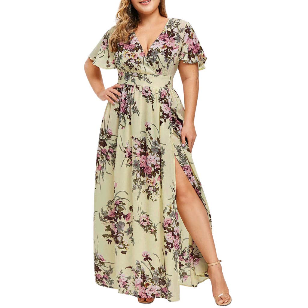 Anjikang Women's Summer Boho Dress - Casual Short Sleeve Floral Maxi Dress with V-Neck & Side Slit | Perfect for Beach Vacation, Guest Party & Romantic Date