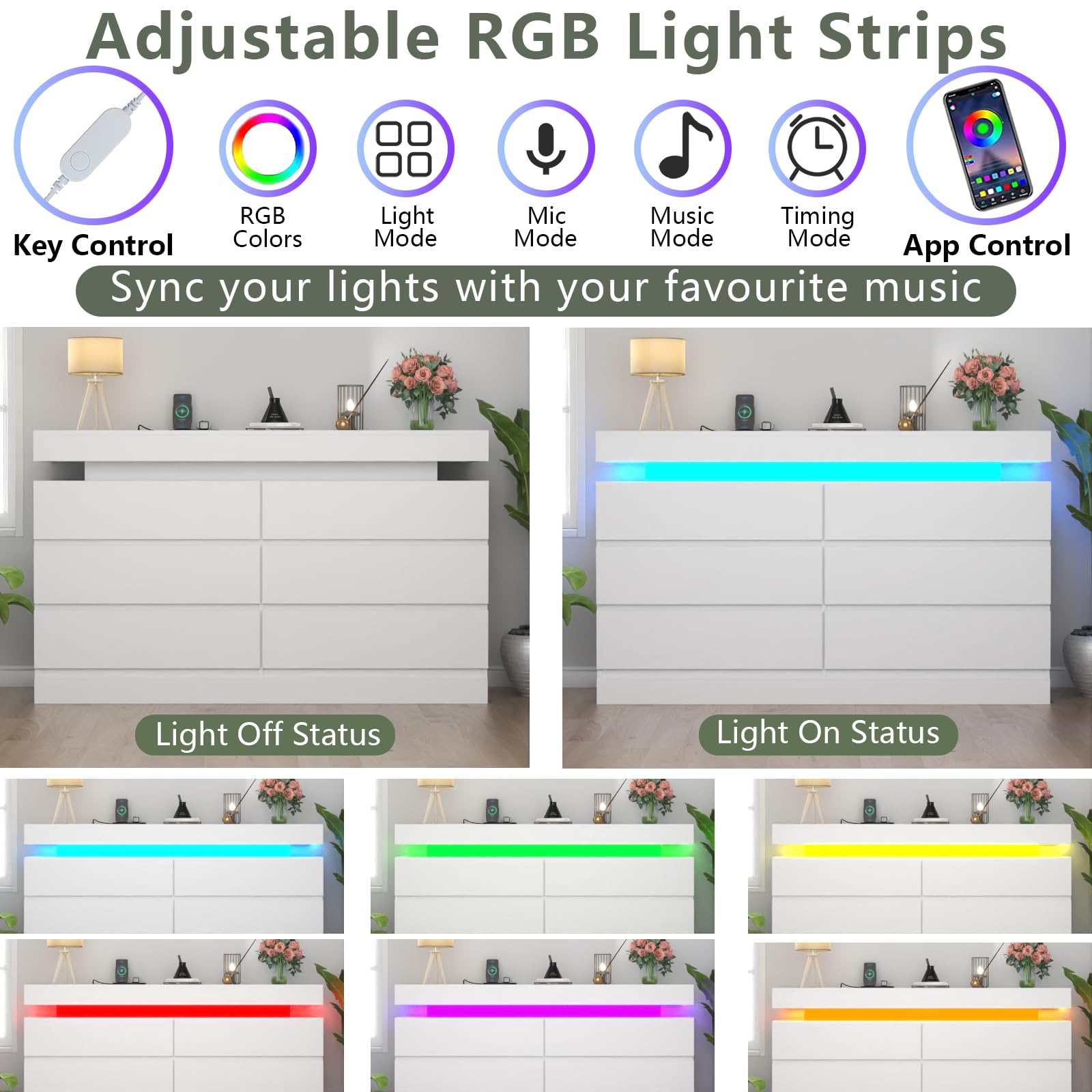 6-Drawer Dresser with Power Outlet & LED Lights - Modern White Chest of Drawers with Double Wide Storage for Bedroom, Living Room, Entryway - Perfect for Organizing Clothes, Accessories & Home Decor