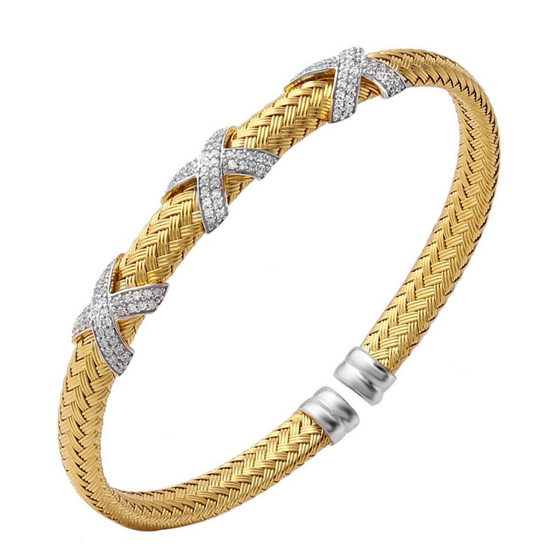 CZ Gold Plated Silver 6mm Mesh Cuff Bangle Bracelet for Women - Elegant Stackable Jewelry for Party, Wedding & Everyday Wear