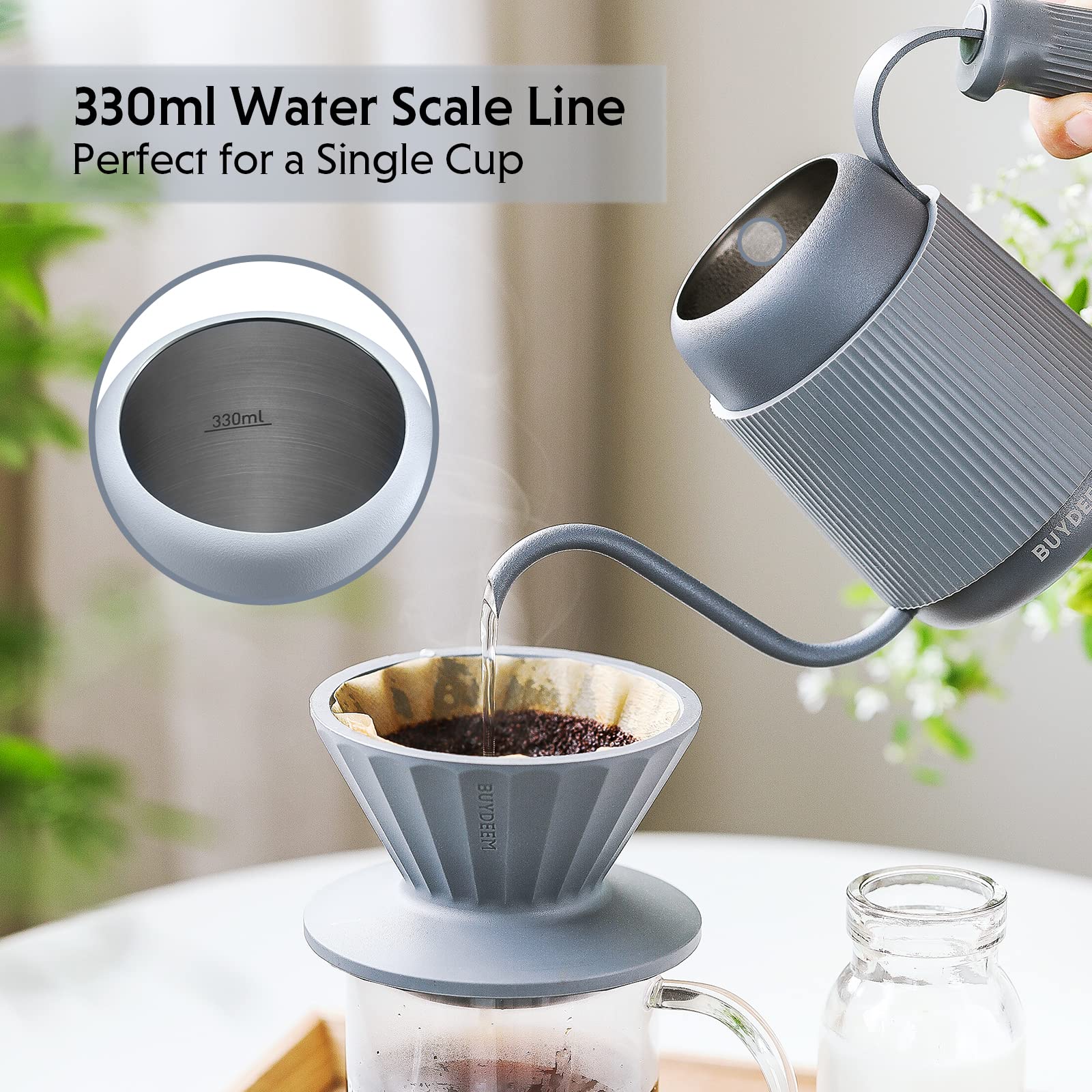 BUYDEEM CD2006B 330ml Stainless Steel Gooseneck Coffee Kettle - 18/8 Pro Grade with Silicone Handle & Spout Cover for Precise Pour Over, Drip, French Press & Cold Brew Coffee Making - Portable Travel & Home Use (Ink Gray)