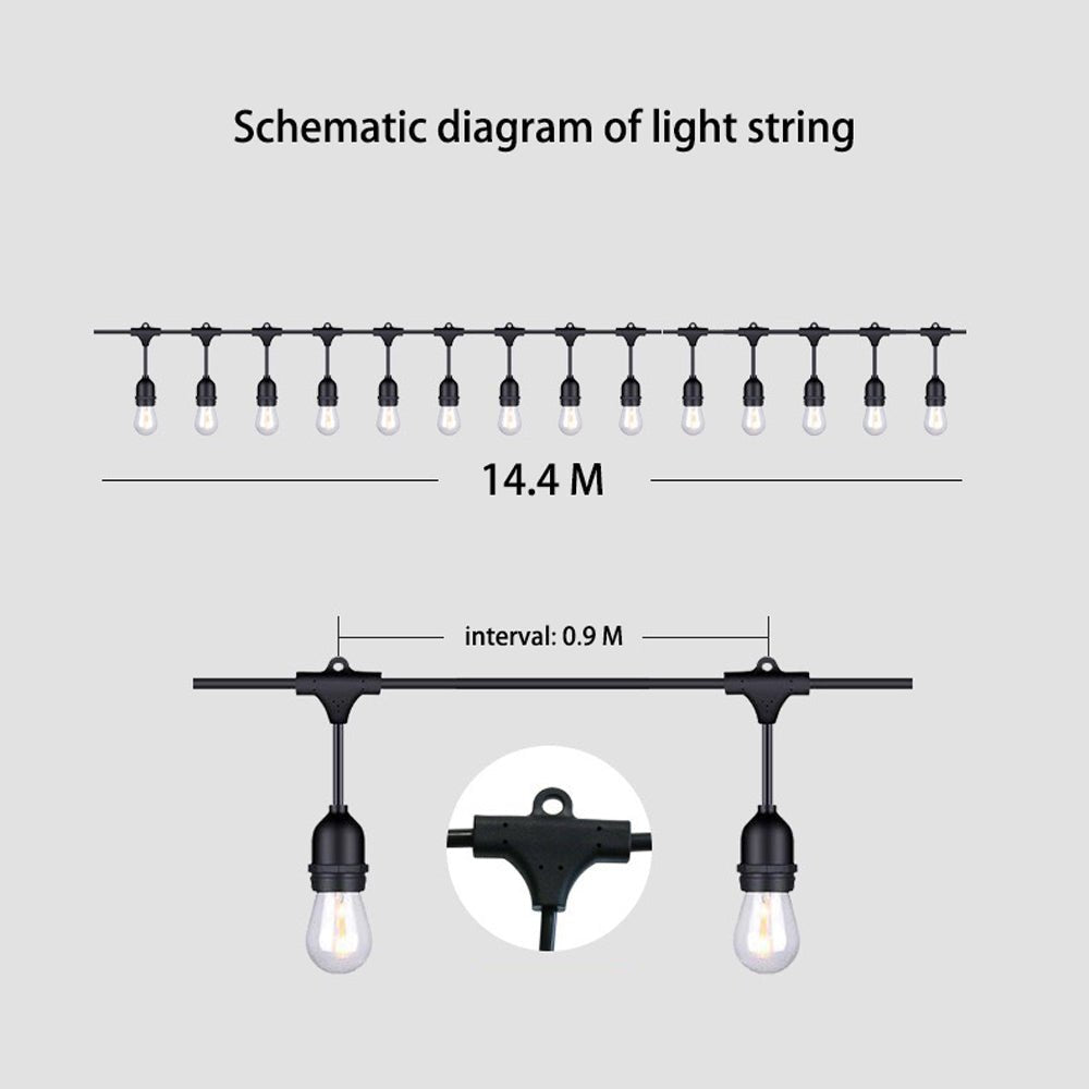 15M Solar Powered Festoon String Lights with Globe Bulbs - Waterproof Outdoor Christmas Party Garden Decor for Patio, Backyard, Wedding & Holiday Events