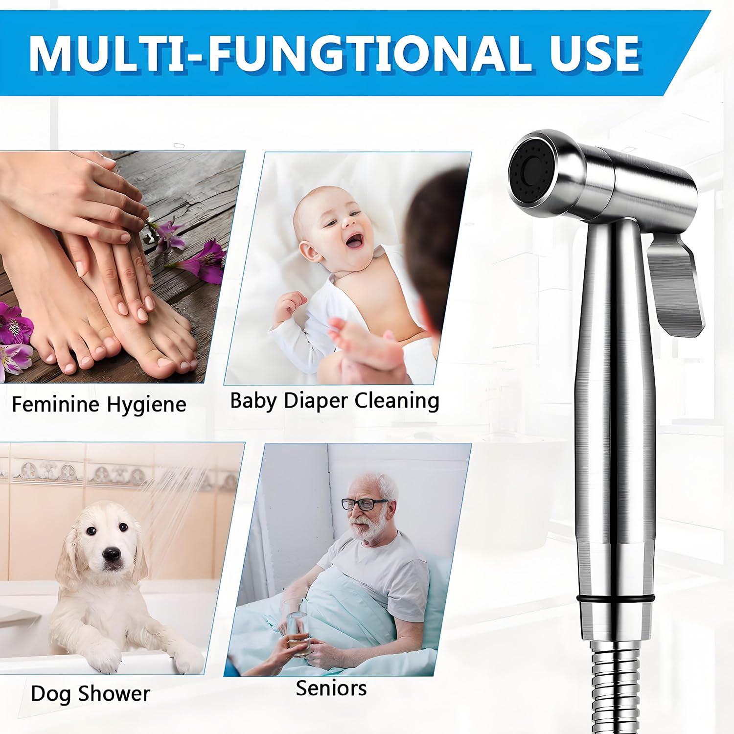 Premium Stainless Steel Handheld Bidet Sprayer for Toilet - Adjustable Water Pressure, Anti-Leak Hose - Perfect for Feminine Hygiene, Baby Care, Pet Bathing & Cloth Diaper Cleaning | Ideal for Bathroom, Nursery & Pet Grooming Areas