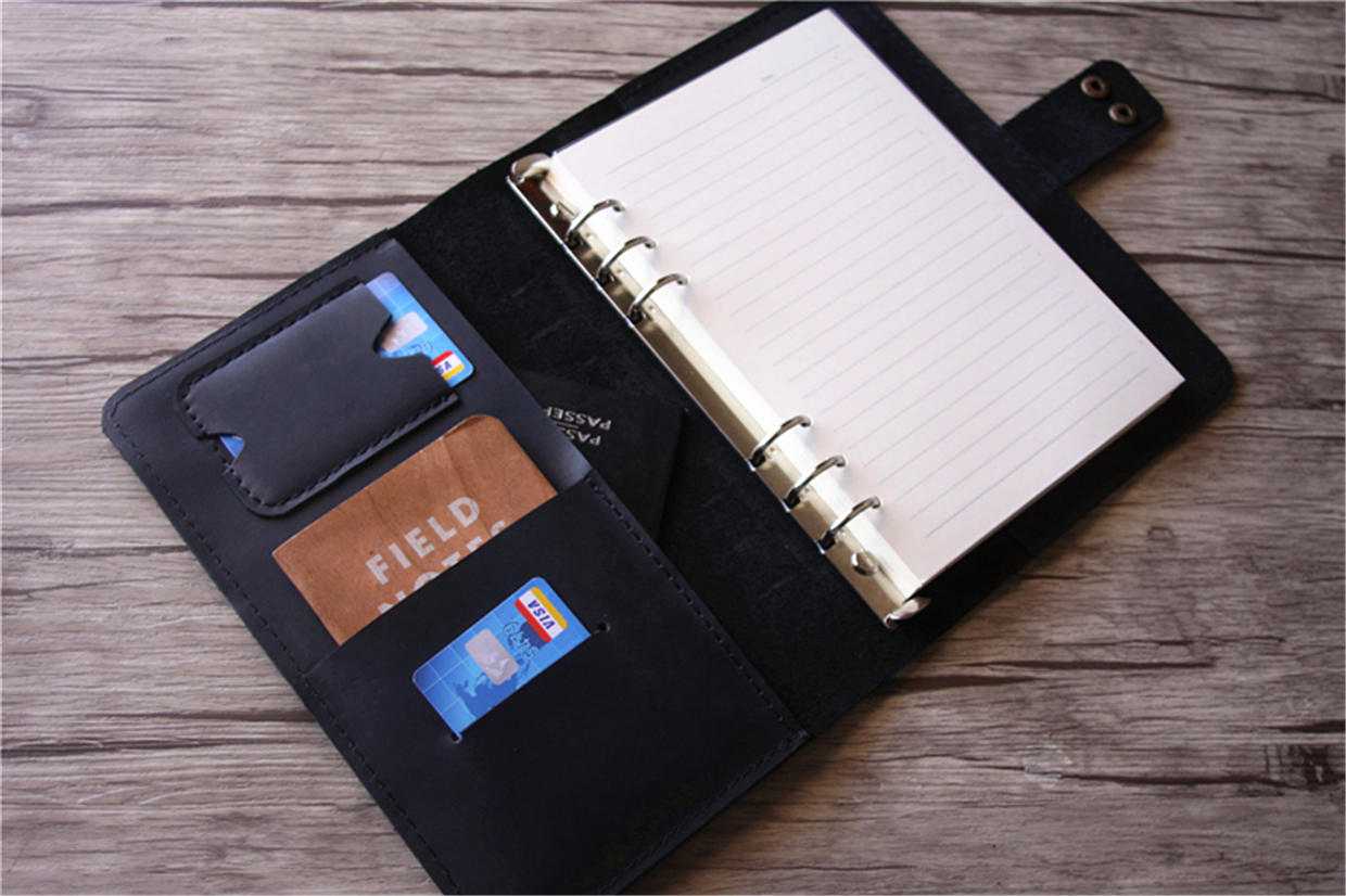 Refillable Black Leather 6-Ring Binder Folder for School, Office & Business Organization - A4 Size Document Organizer with Secure Closure