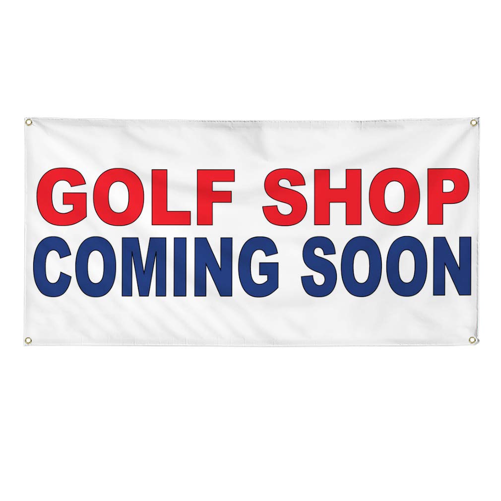 Custom Vinyl Banner - Durable Weatherproof Outdoor Sign for Golf Shop, Business & Industrial Use (60x144 Inches, 10 Grommets, Red/Blue) - Perfect for Grand Openings, Yard Sales & Promotional Events