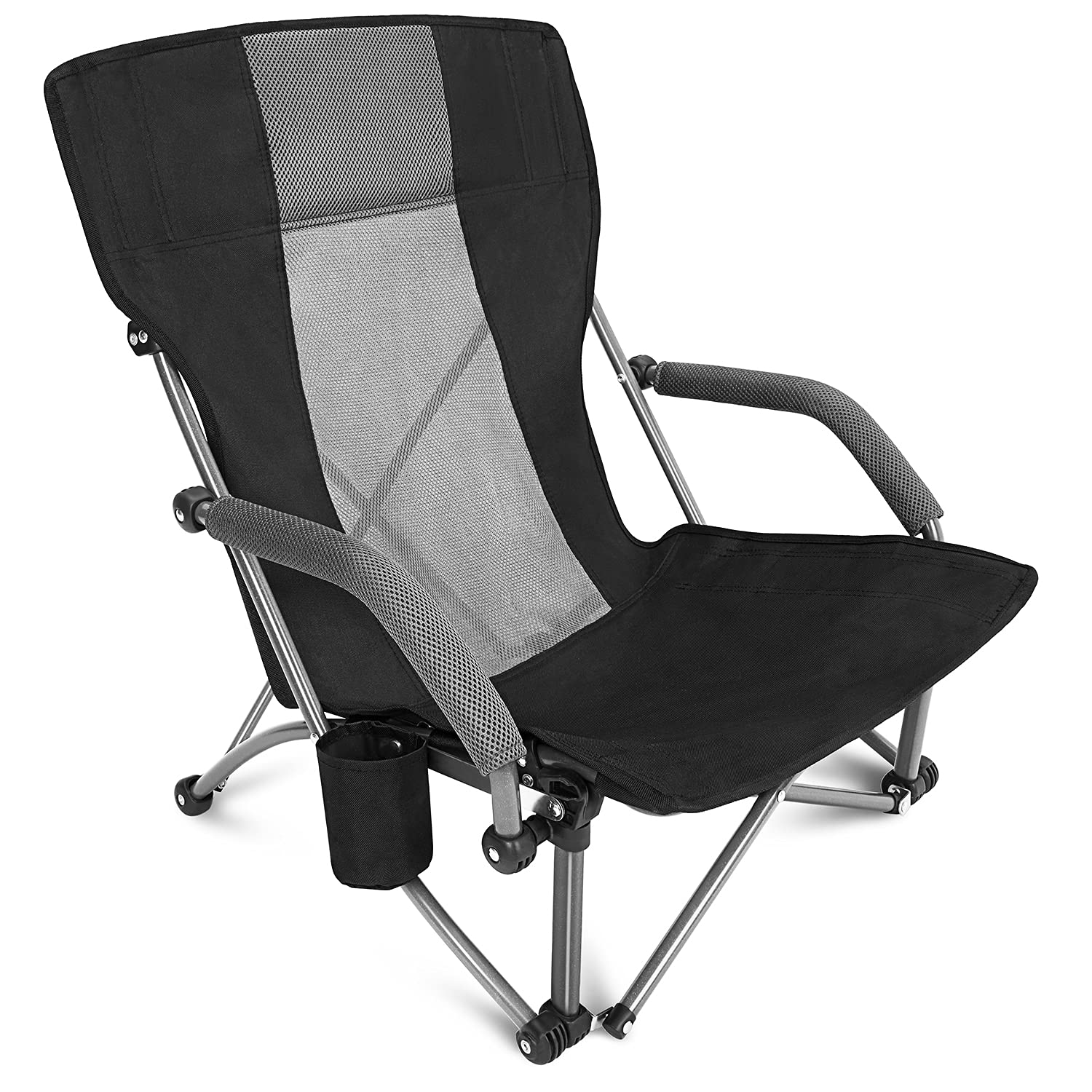 G4Free Compact Folding Beach Camping Chair with Lumbar Support - Portable Low Sling Design & Carry Bag - Perfect for Outdoor, Picnic, Travel, Concerts & Backyard Relaxation (Black)