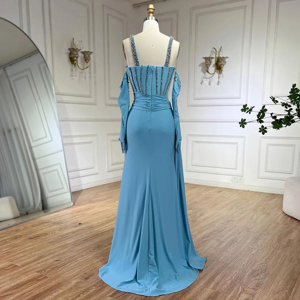 Serene Hill Dubai Luxury Evening Gown 2025 | Blue High Slit Mermaid Dress with Spaghetti Straps & Gloves | Perfect for Weddings, Galas & Formal Parties | Elegant Prom, Red Carpet & Cocktail Event Dress