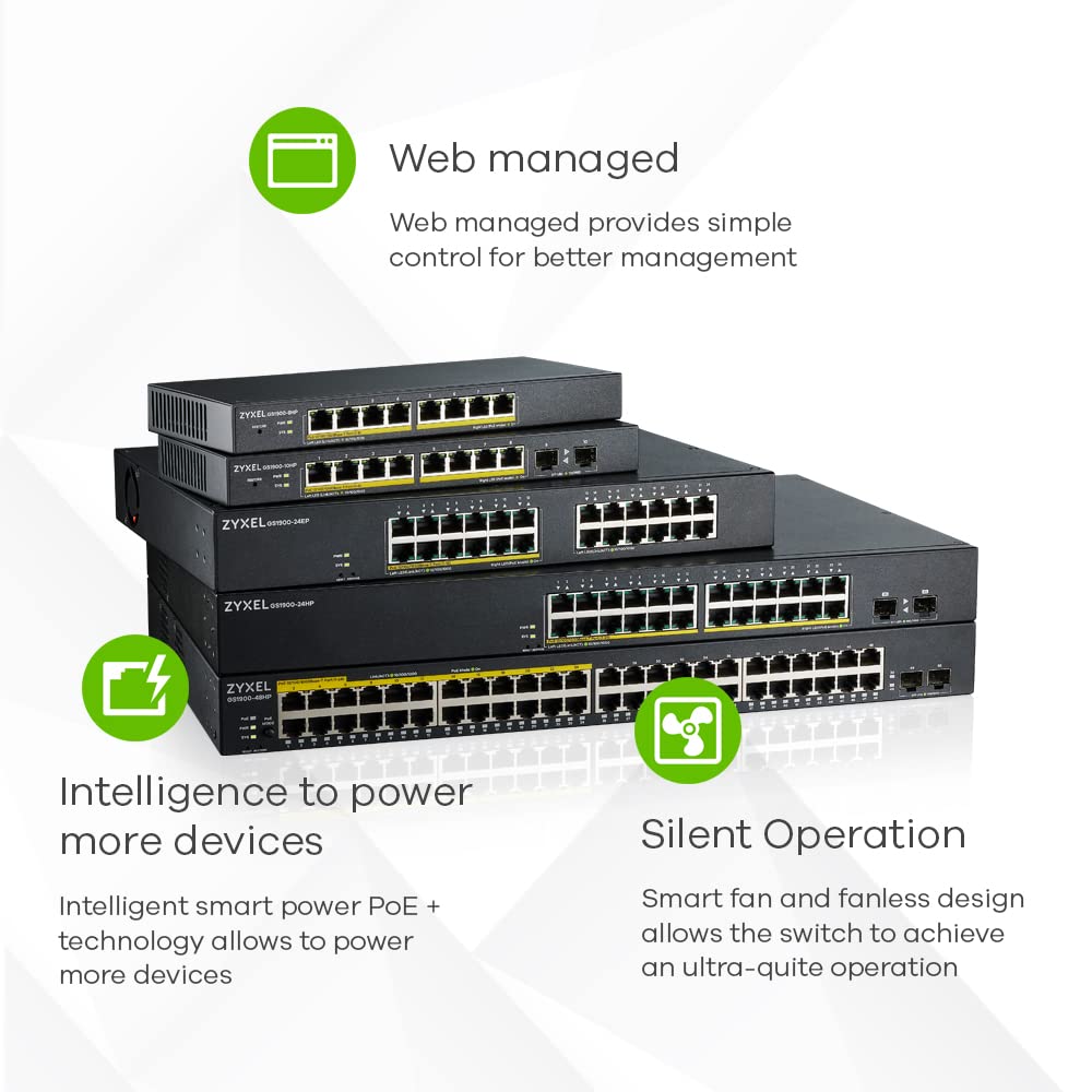 Zyxel GS1900-24EP 24-Port Gigabit Smart Managed PoE+ Switch with 12x PoE+ Ports @130W, Rack Mountable - Ideal for Office Networks, IP Camera Systems & VoIP Phone Setups