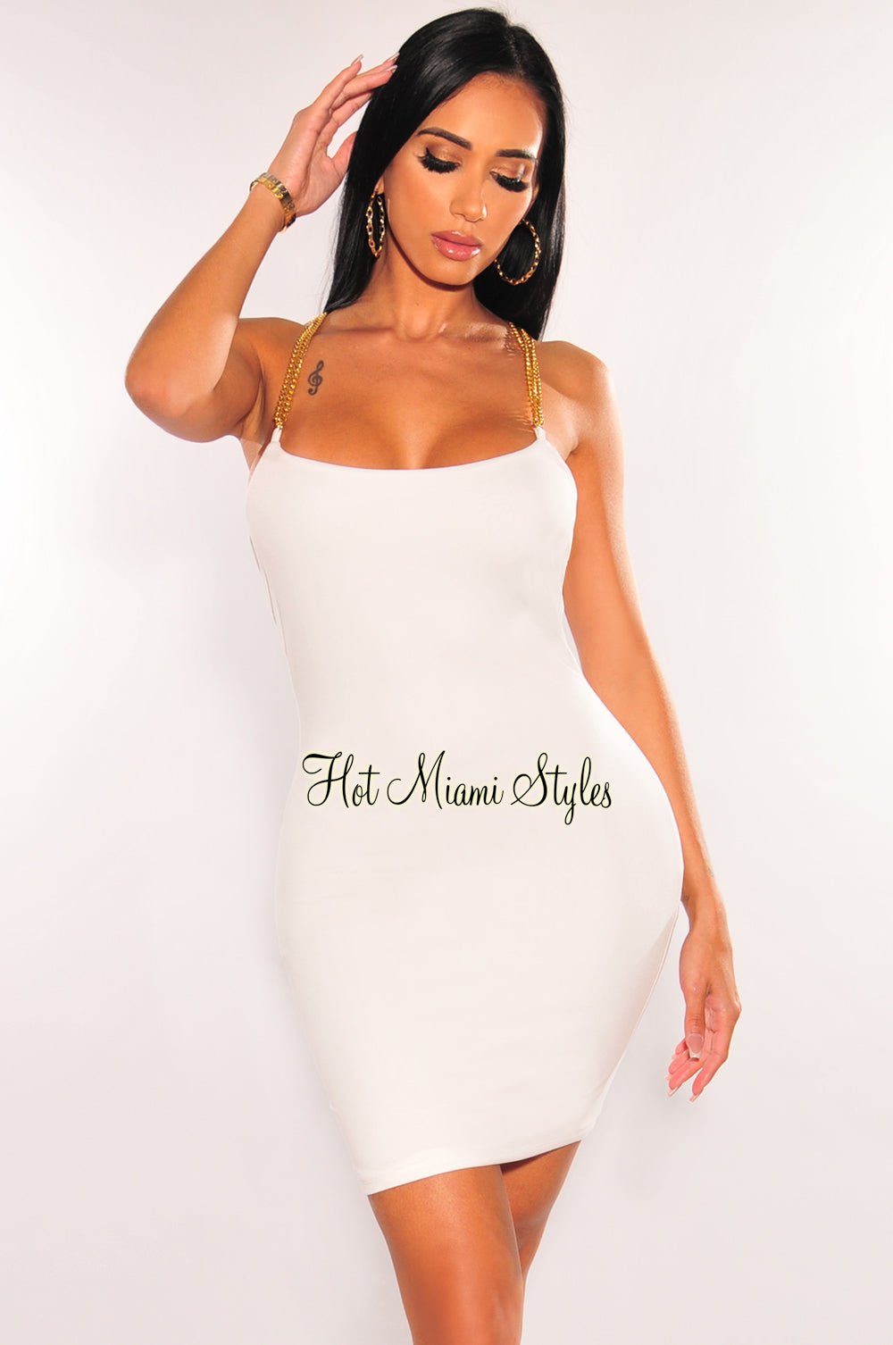 Elegant White Gold Chain Strap Cut-Out Back Mini Dress for Women - Perfect for Evening Parties, Date Nights & Special Occasions