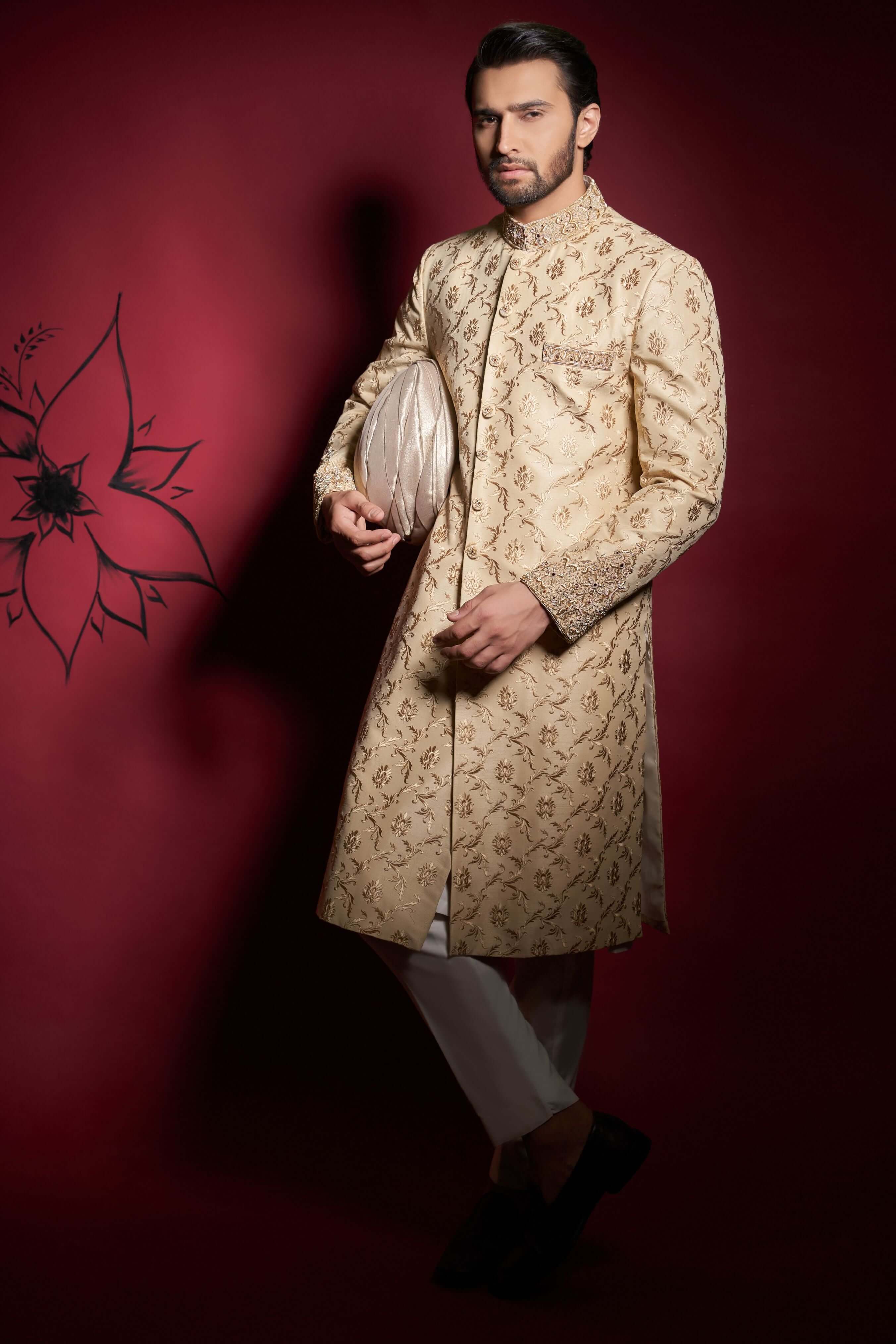 Elegant Light Gold Embroidered Sherwani Set for Men | Traditional Indian Wedding Attire | Perfect for Grooms, Festivals & Special Occasions