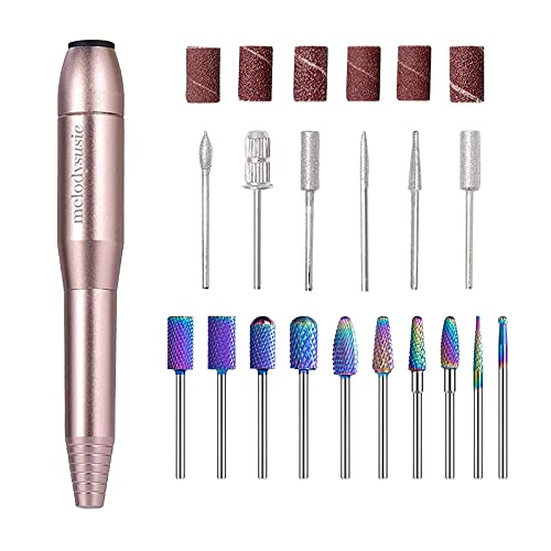 MelodySusie Professional Electric Nail Drill Kit - Portable Nail File Machine with 10Pcs Tungsten Carbide Bits for Acrylic & Gel Nails, Manicure Pedicure Shaping & Polishing - Perfect for Home & Salon Use (Gold)