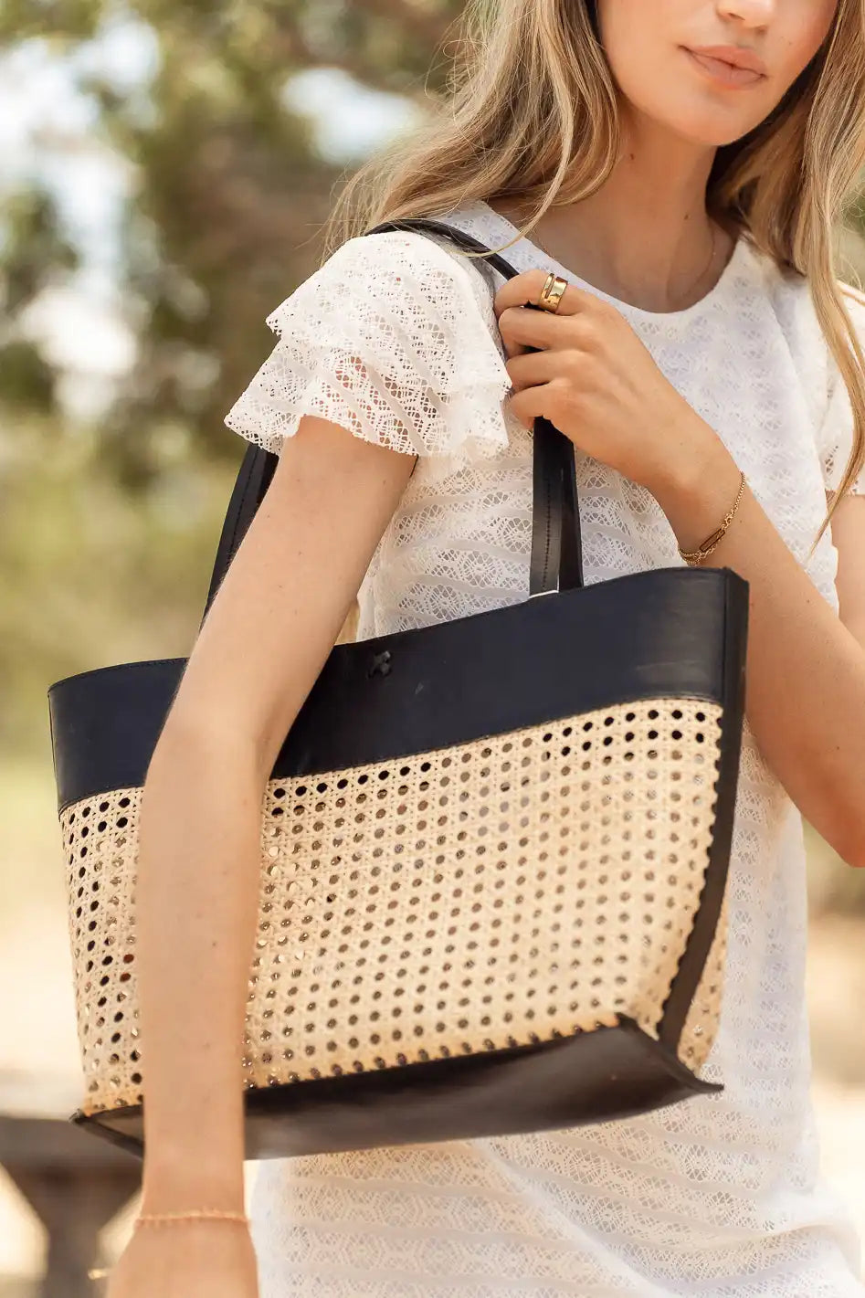 Ellie Wicker Tote Bag in Black - Stylish Handwoven Woven Basket Purse for Women | Perfect for Beach, Shopping & Everyday Use