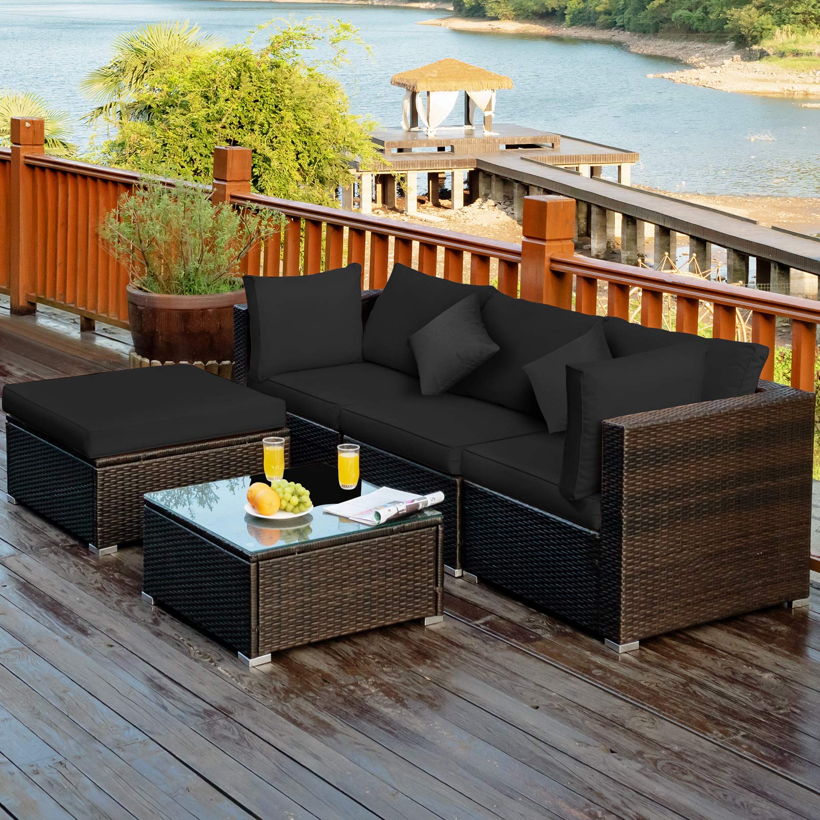 **Tangkula 5-Piece Patio Rattan Furniture Set - Outdoor Sectional Sofa with Cushions & Tempered Glass Table - Wicker Conversation Set for Backyard, Porch, Poolside (Black) - Perfect for Relaxing & Entertaining Outdoors**