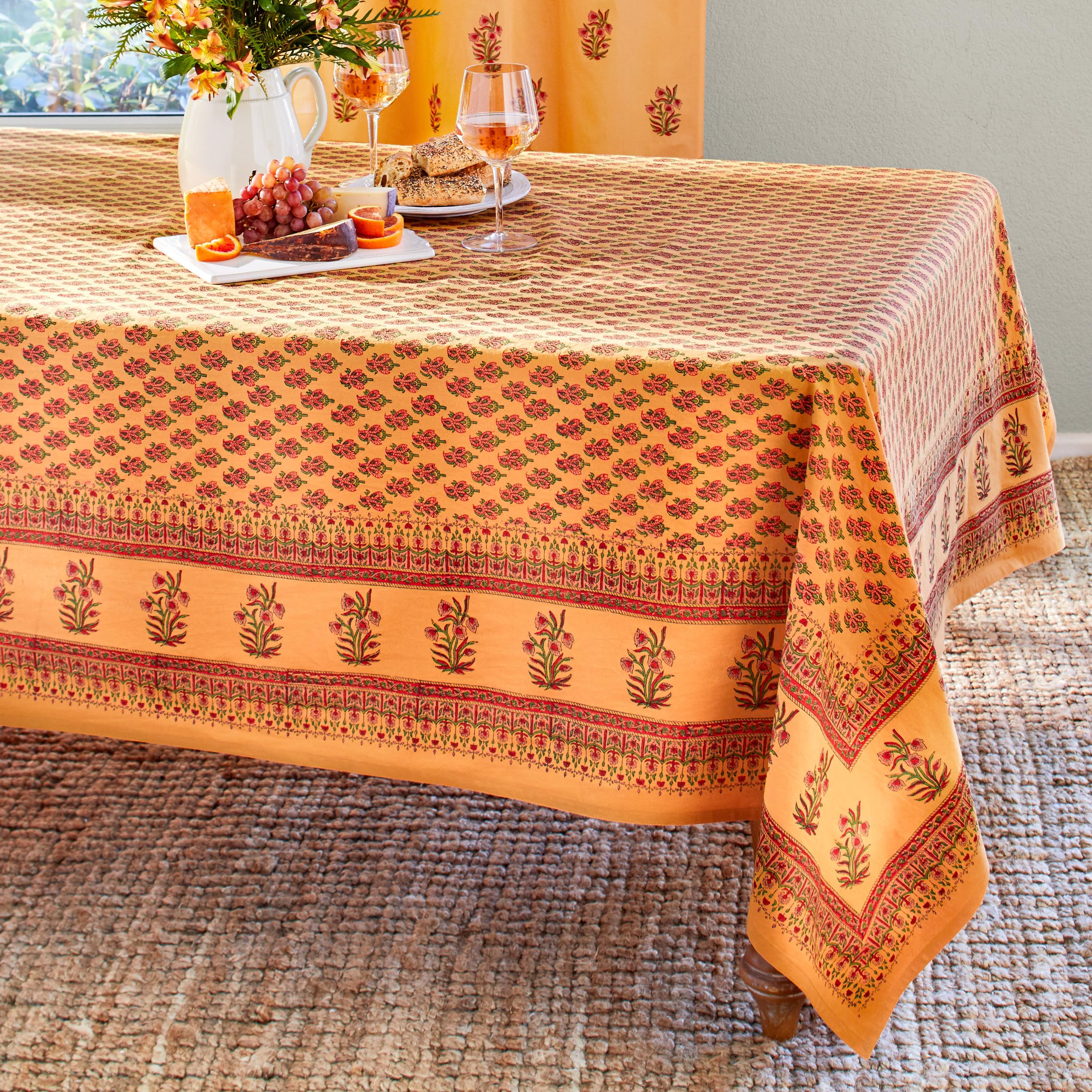 Handmade Indian Block Print Cotton Tablecloth - Orange Summer Design 70x120 Inches | 100% Premium Washable Cotton for Dining Table, Kitchen Decor & Coffee Table | Perfect for Boho Home Decor, Dinner Parties & Outdoor Picnics