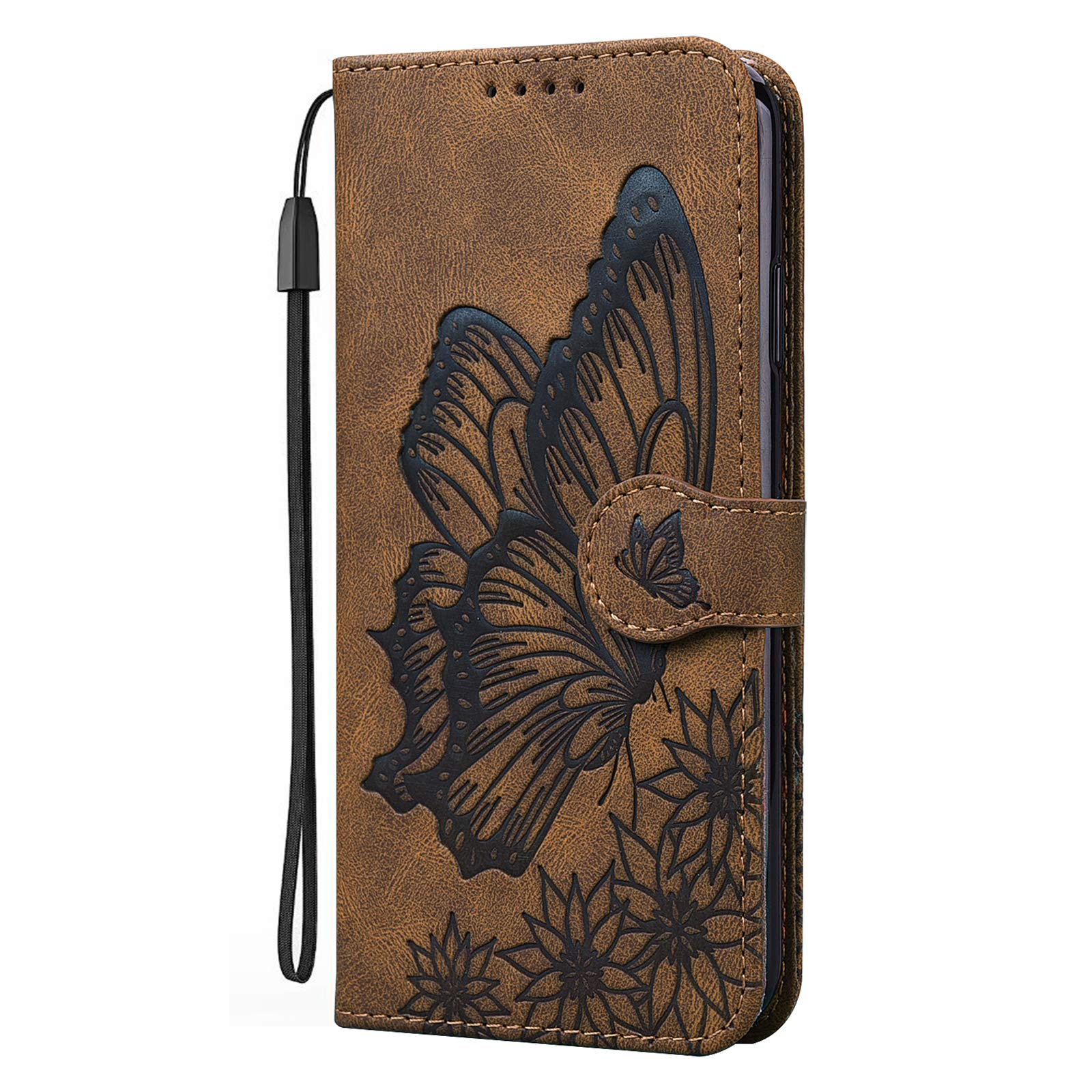 Vintage Embossed Butterfly Leather Wallet Case for iPhone 12 Pro Max - PU Leather Book Style Shockproof Cover (Brown CY3) | Perfect for Daily Use, Travel & Business Protection