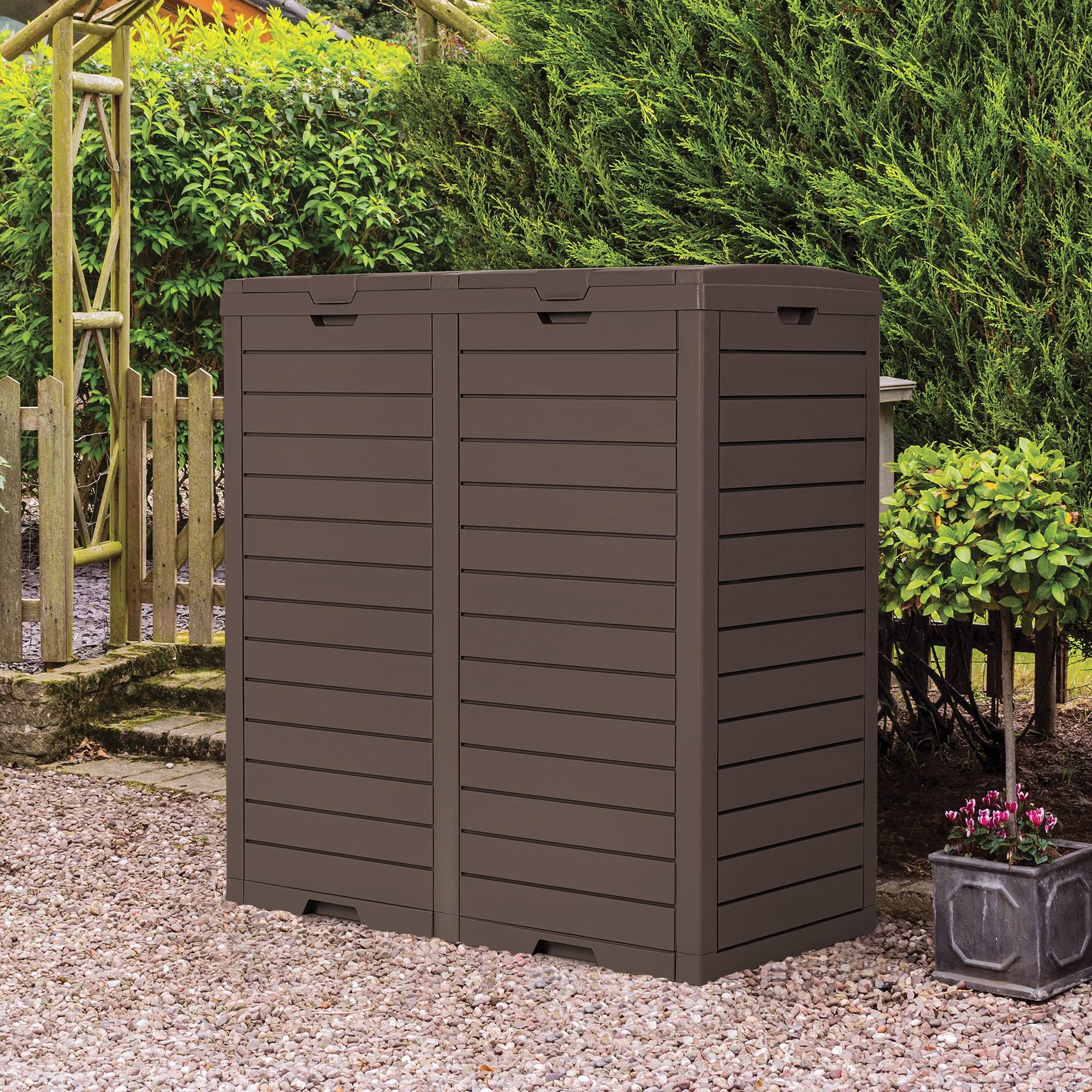Devoko 78 Gallon Resin Outdoor Trash Can with Drip Tray & Armrest - Heavy Duty Double Waste Bin for Garage, Patio, Hideaway Kitchens - Perfect for Recycling, Yard Waste & Outdoor Gatherings