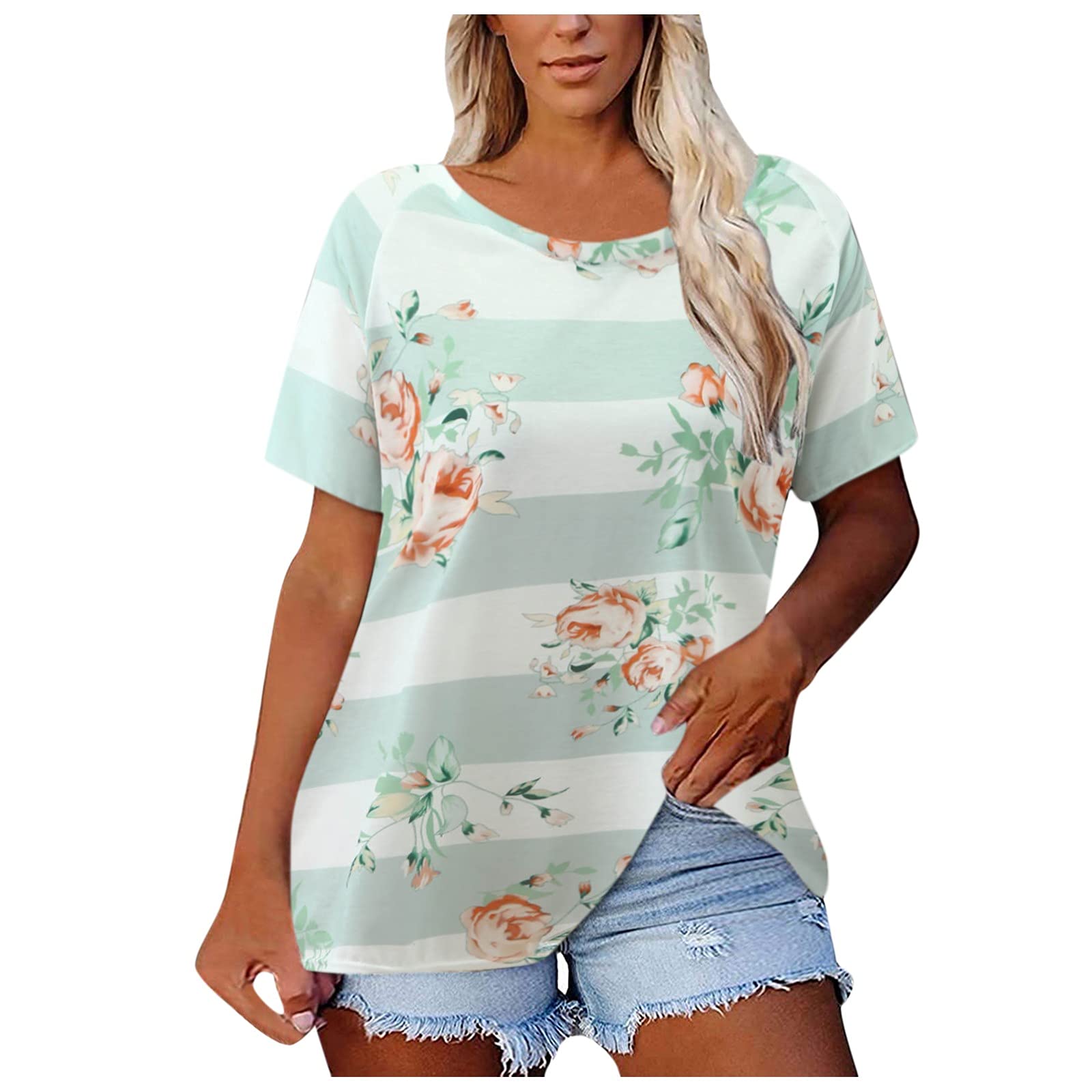 Women's Floral Short Sleeve T-Shirt - Casual Crew Neck Blouse Top for Summer Outfits, Beach Wear & Daily Fashion