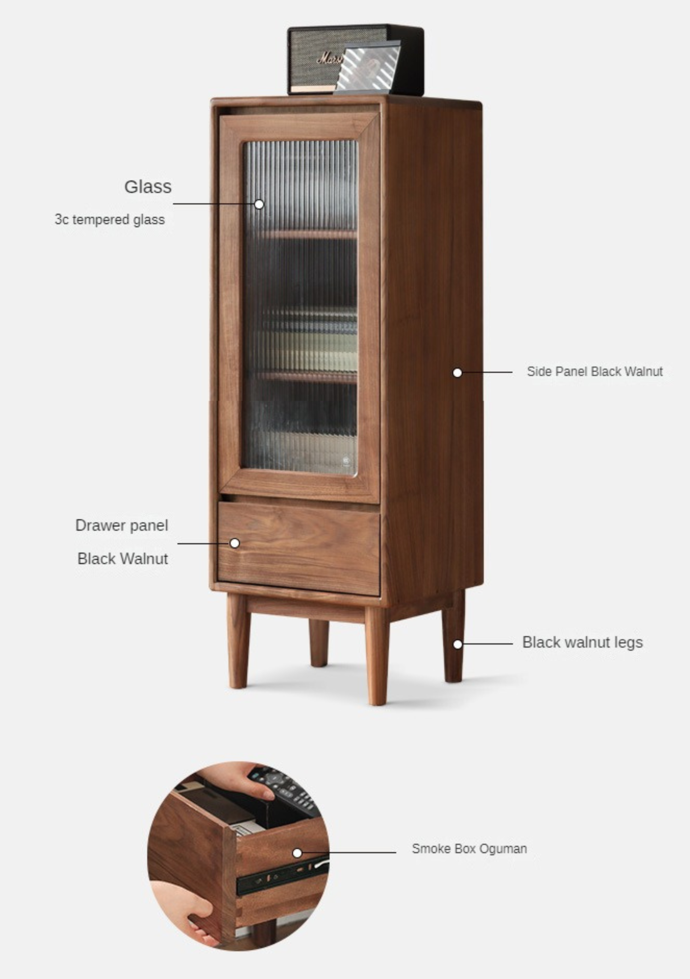 Solid Black Walnut Wood Side Cabinet - Vintage Narrow Storage Cabinet for Bedroom, Living Room & Entryway - Handcrafted Wooden Nightstand with Drawer & Shelf