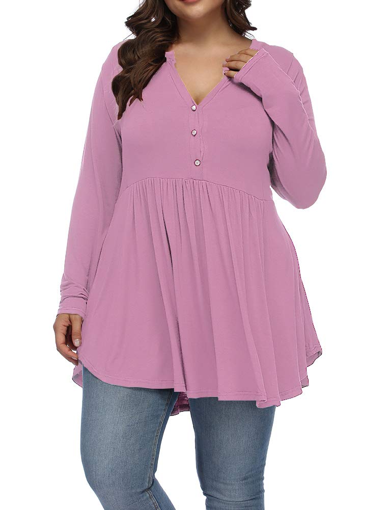 ALLEGRACE Women's Plus Size Henley V-Neck Button Tunic Top - Long Sleeve Flowy Swing Shirt for Casual Wear, Office & Everyday Outfits