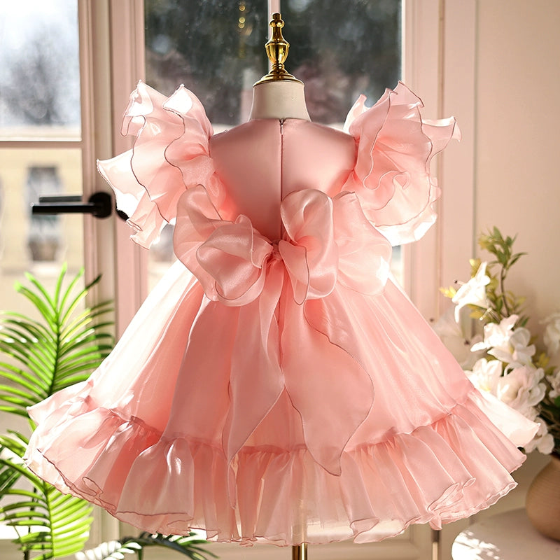 Elegant Pink Coral Satin Lace Flower Girl Dress with Bow & Bell Sleeves - Perfect for Weddings, Baptisms, and Special Occasions