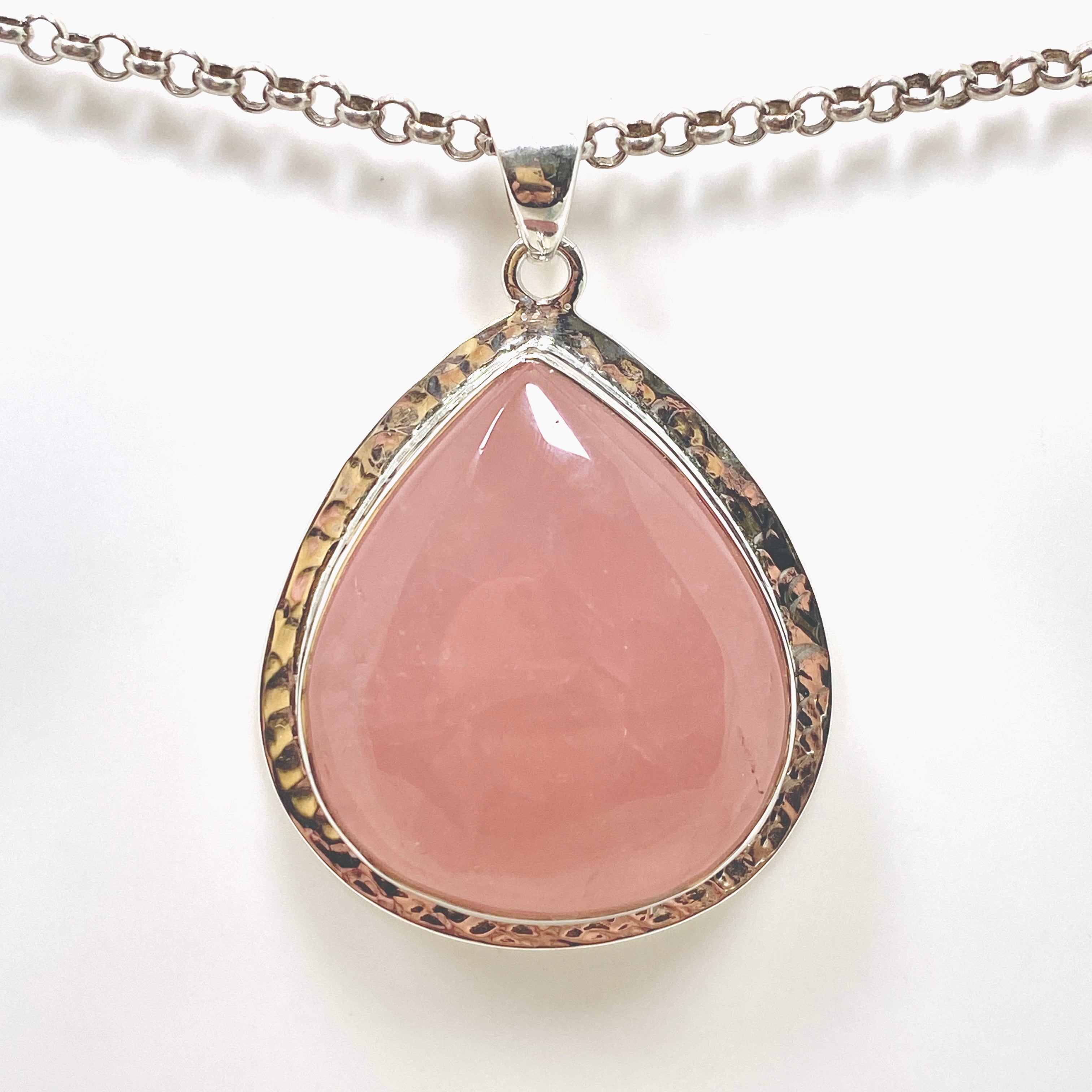 Rose Quartz Teardrop Cabochon Pendant in Hammered Silver Setting KPGJ4688 - Perfect for Meditation, Healing Jewelry & Spiritual Gifts