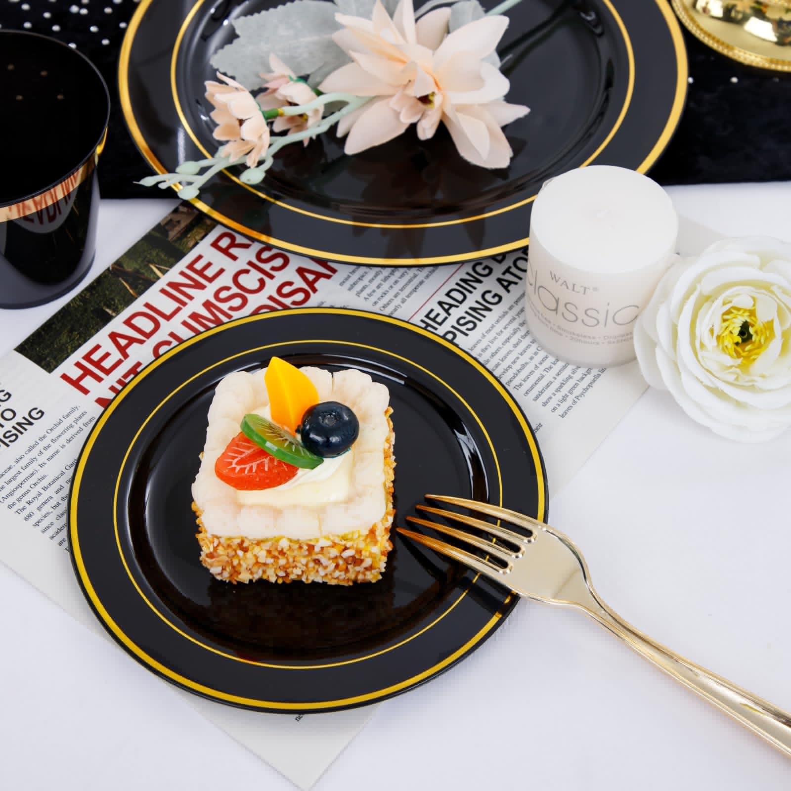 350-Piece Black and Gold Disposable Plastic Plate Set with Silverware - 50 9