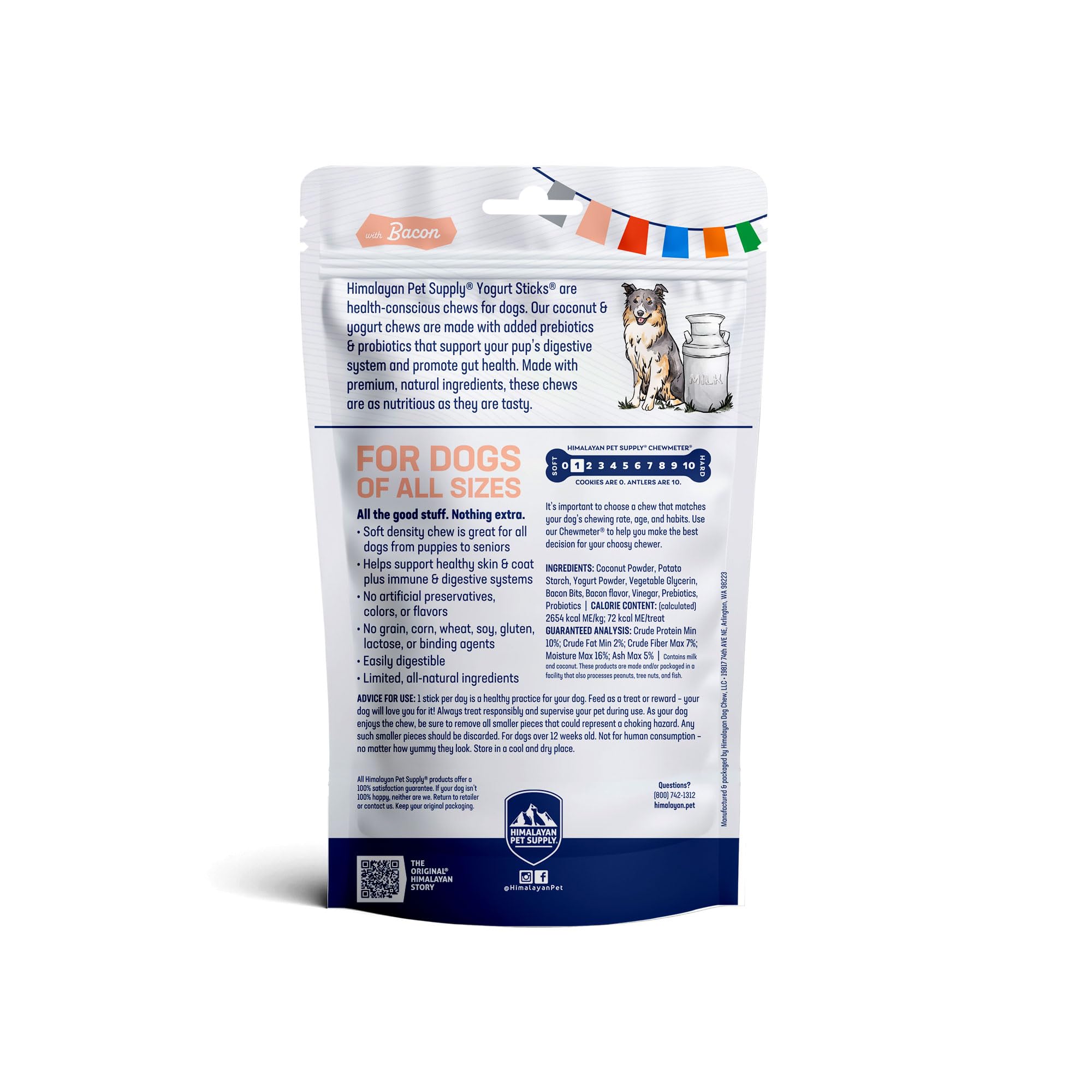 Himalayan Dog Chew Yogurt Sticks - Bacon Flavored Natural Dog Treats with Prebiotics, Probiotics & Protein for Digestive Support | Lactose & Gluten Free, Made in USA | Healthy Snacks for Small, Medium & Large Breeds | Perfect for Training Rewards & Dental Health