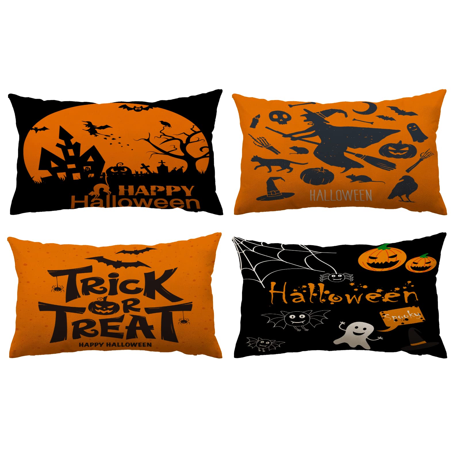 Halloween Throw Pillow Covers Set of 4 - 12x20 Inch Scary Pumpkin & Bat Designs - Black Decorative Lumbar Cushion Covers for Sofa, Couch, Bed - Perfect for Indoor & Outdoor Halloween Decorations, Fall Home Decor, and Spooky Party Themes