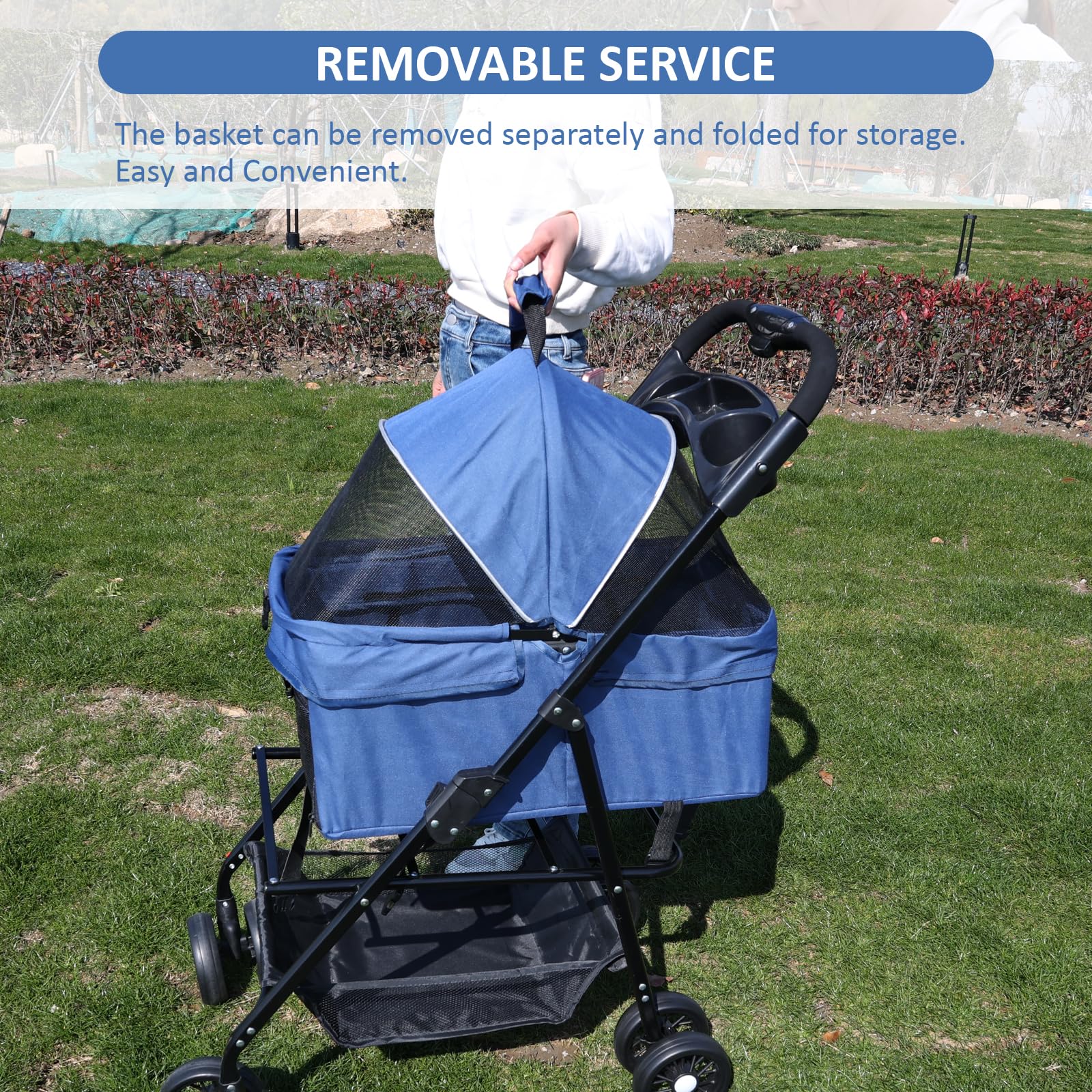 Premium 4-Wheel Pet Stroller for Small & Medium Dogs & Cats Up to 30lbs - Foldable Design with Storage Basket & Cup Holder (Blue) - Perfect for Park Walks, Vet Visits & Shopping Trips