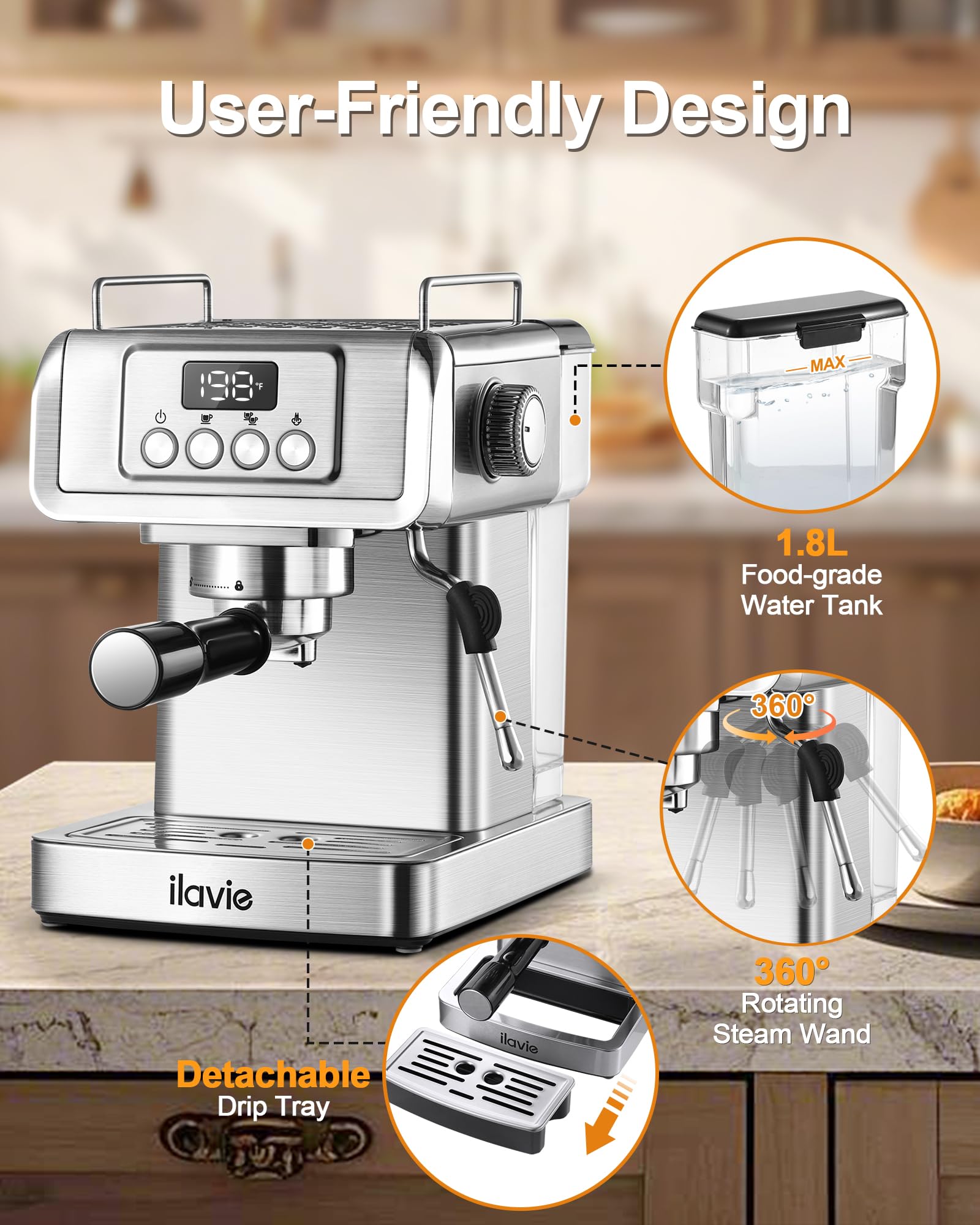 20 Bar Professional Espresso Machine with Steam Milk Frother - Stainless Steel Coffee Maker with 61oz Removable Water Tank - Perfect for Home, Office, Gifts for Dad & Mom - Enjoy Café-Quality Lattes & Cappuccinos Every Morning