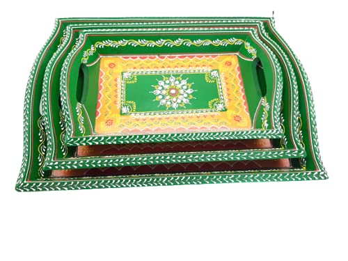 Handmade Wooden Serving Tray with Meenakari Art - Set of 3 for Kitchen, Dining & Home Decor