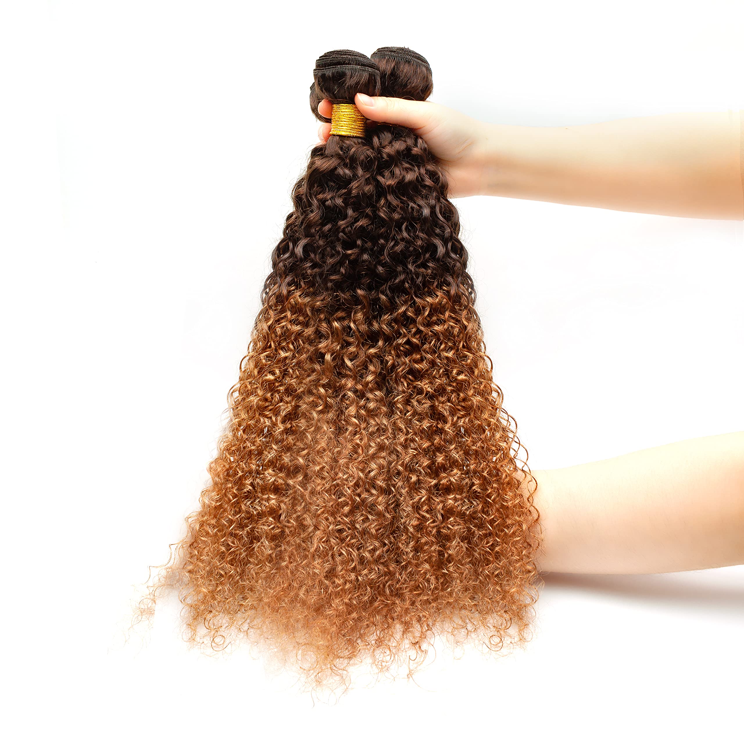 Brazilian Virgin Human Hair Bundles with 4x4 Lace Closure - 3 Bundles T4/30 Ombre Kinky Curly Weave (20 22 24+18 Inch) - Perfect for Natural Hairstyles, Parties & Daily Wear