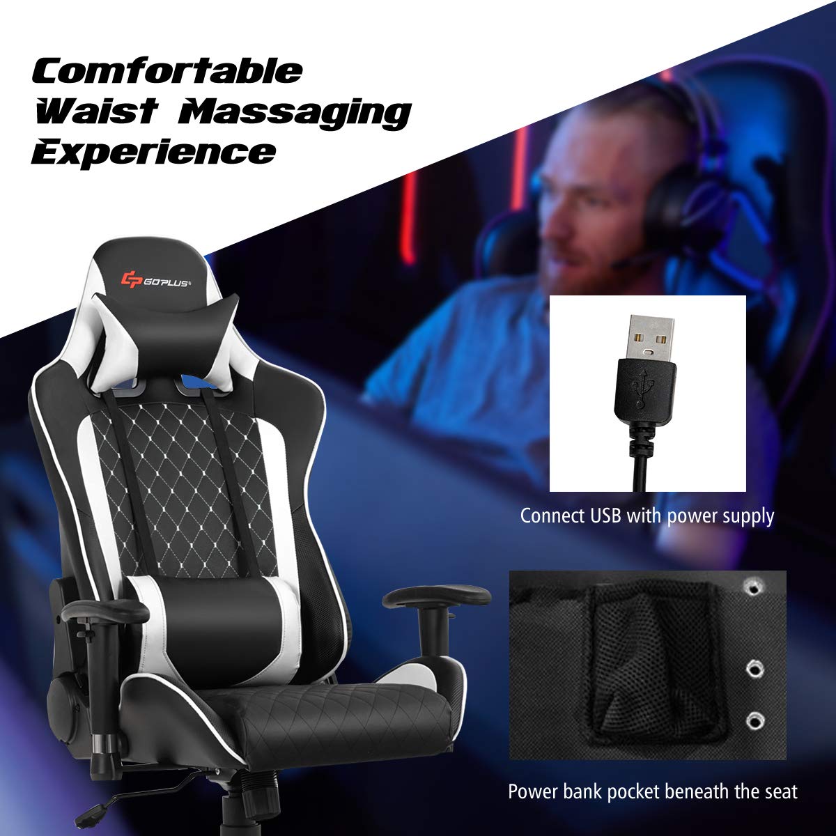 POWERSTONE Ergonomic Gaming Chair with Adjustable Armrests, Massage Lumbar Support & Wide Seat Cushion - Reclining Office Computer Chair for Adults - Perfect for Gaming, Working & Home Office (White)