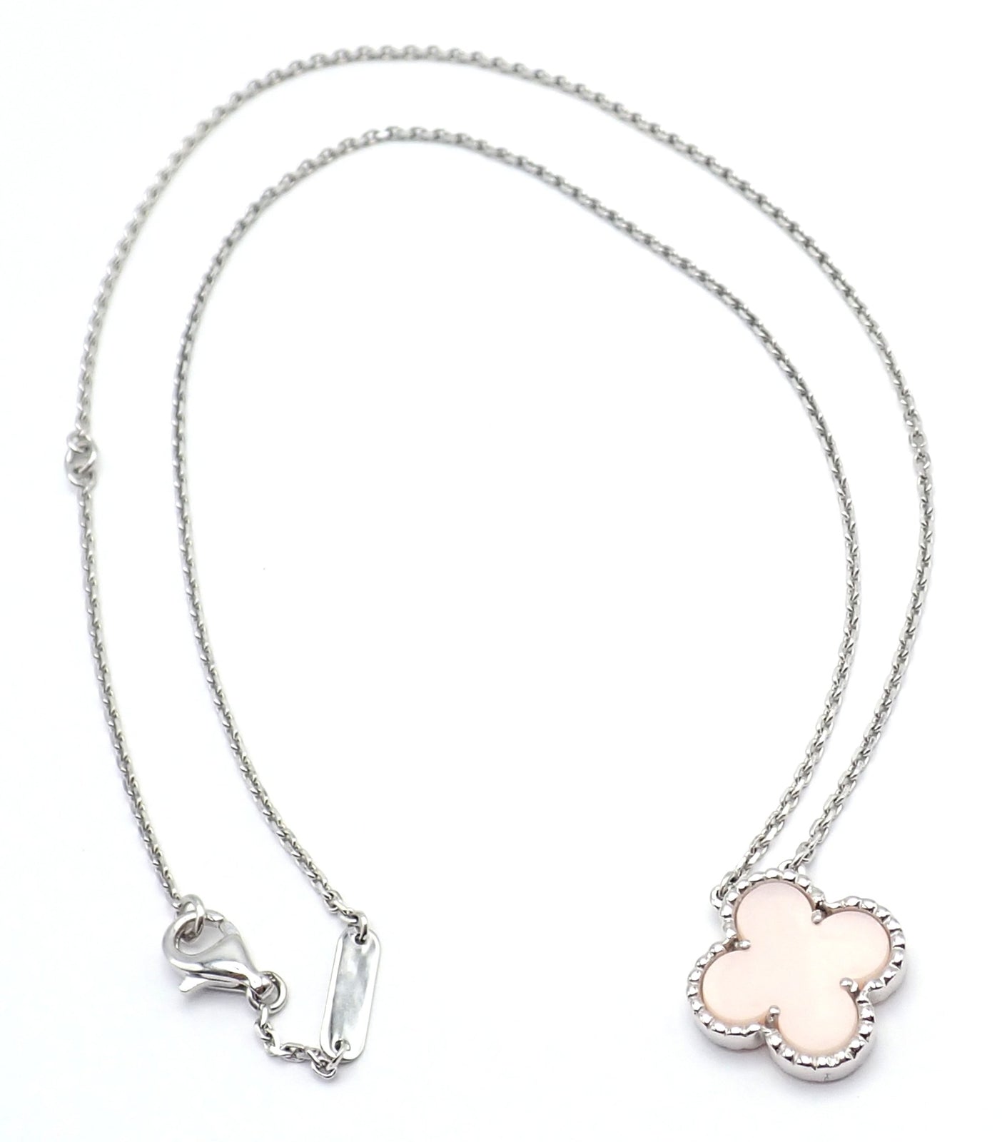 Authentic Van Cleef & Arpels Alhambra 18k White Gold Pink Opal Necklace with Certification - Luxury Jewelry Gift for Women, Perfect for Weddings & Special Occasions